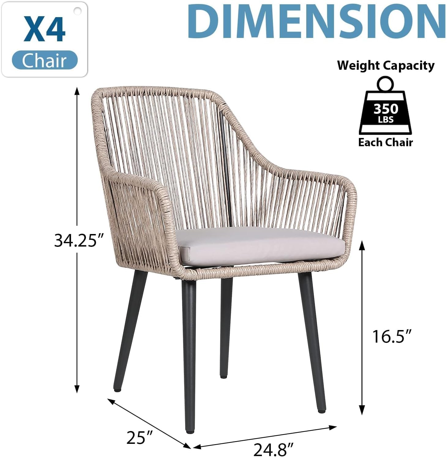 JOIVI 4-Piece Outdoor Patio Dining Chairs Set - Woven Rattan Wicker Chairs with Armrests & Cushions, Sturdy Iron Frame - Perfect for Garden, Backyard, Lawn, Poolside, Indoor Dining & Kitchen Use - Beige