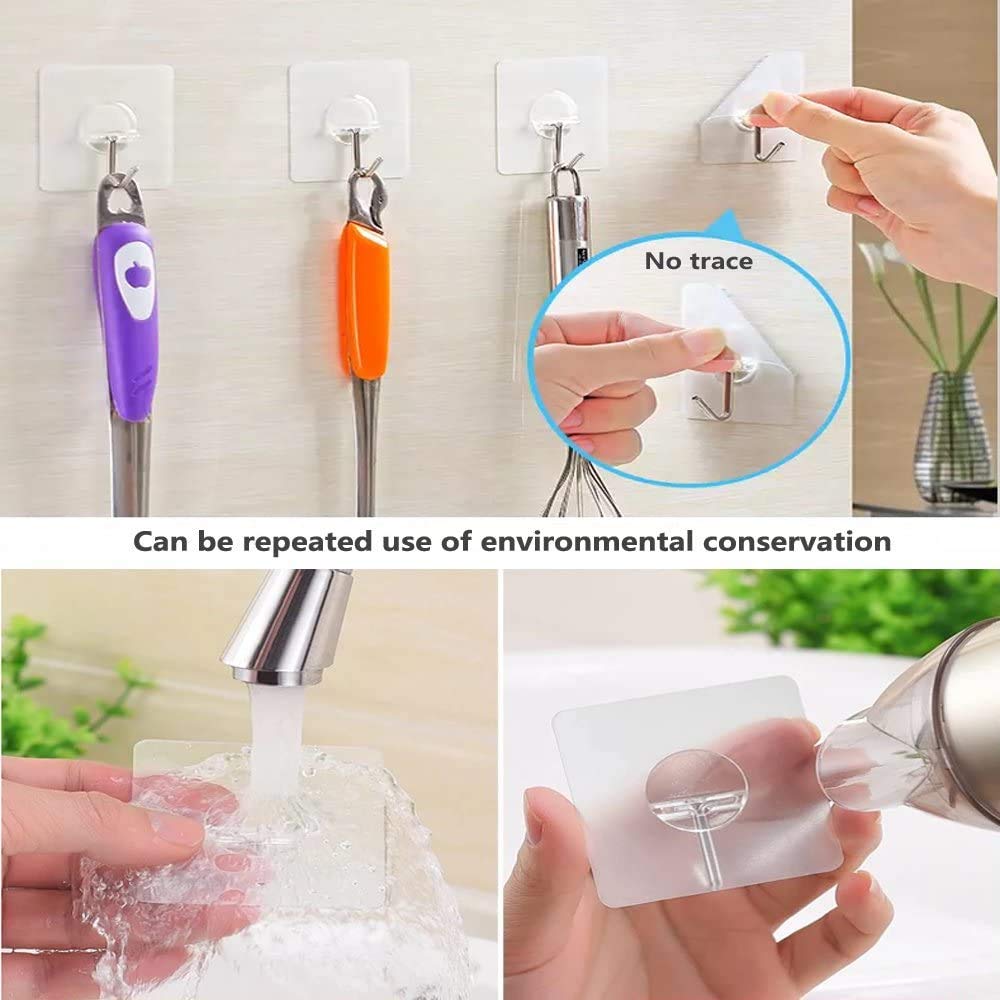 Dargoba Heavy Duty Self Adhesive Hooks - 10 Pack Transparent PVC Wall Hooks for Hanging Clothes, Photo Frames, Decorations | Strong Stainless Steel & Plastic Construction | Perfect for Bathroom, Kitchen, Bedroom Organization