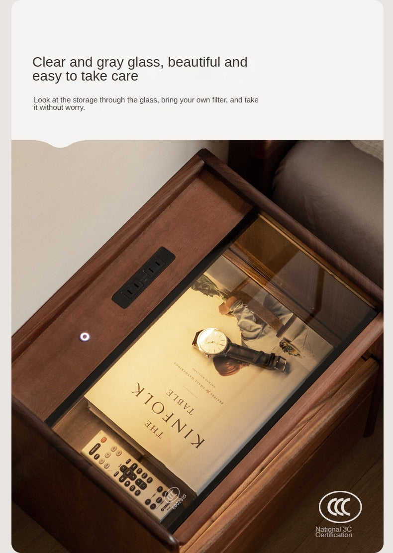 Solid Black Walnut Wood Nightstand with USB Outlet & Lamp - Perfect for Bedroom, Living Room, or Office Use