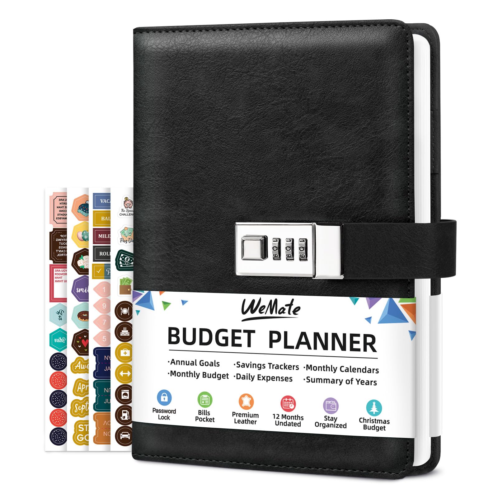 WEMATE 2025 Budget Planner with Lock - Monthly Expense Tracker Notebook & Undated Financial Planner - A5 Leather Money Organizer for Personal Finance Management - Perfect for Home Budgeting, Savings Goals & Debt Tracking - Black