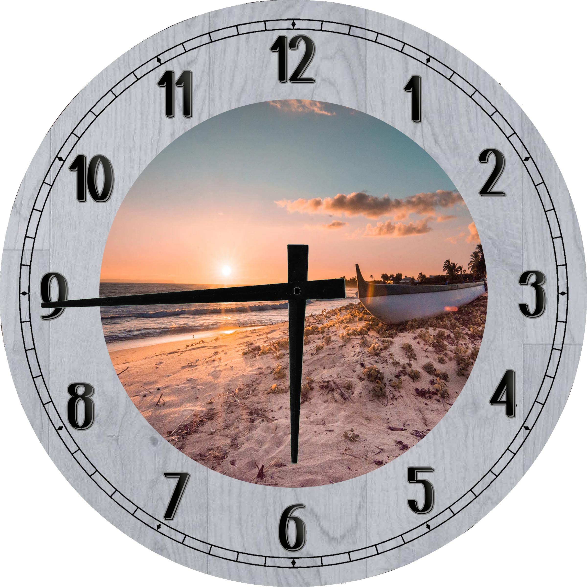 Large 18 Inch Gray Round Wood Wall Clock - Nautical Sunset Boat Beach Decor for Living Room, Bedroom & Office | Rustic Coastal Home Wall Art