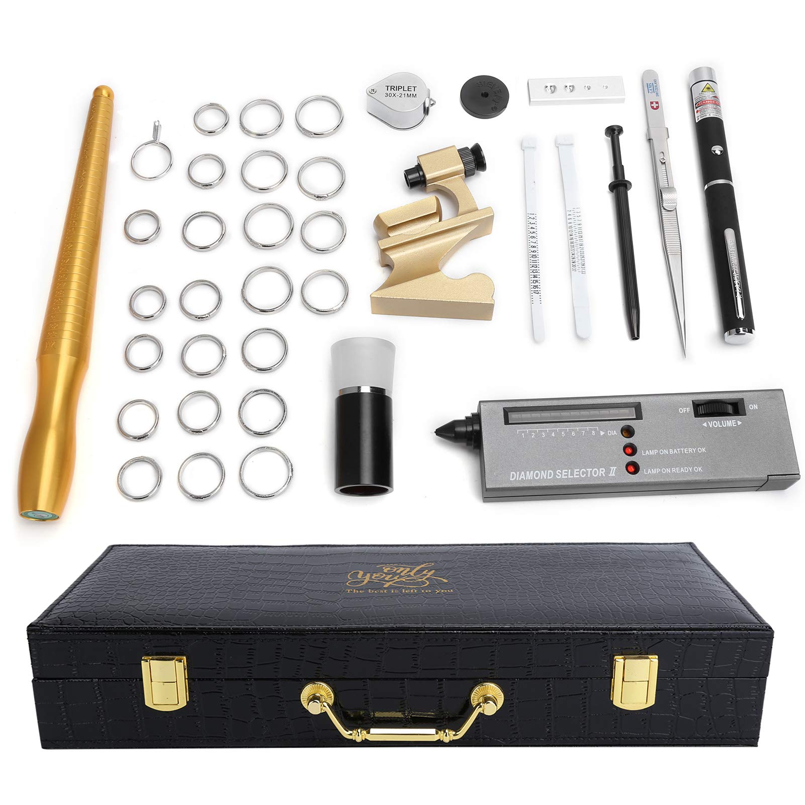 Professional Jewelry Measurement Set - Metal Ring Mandrel Sizer, Diamond Tester Pen, Tweezers & Magnifier for Jewelers, Ring Makers & DIY Crafting - Perfect for Ring Sizing, Gemstone Testing & Jewelry Repair