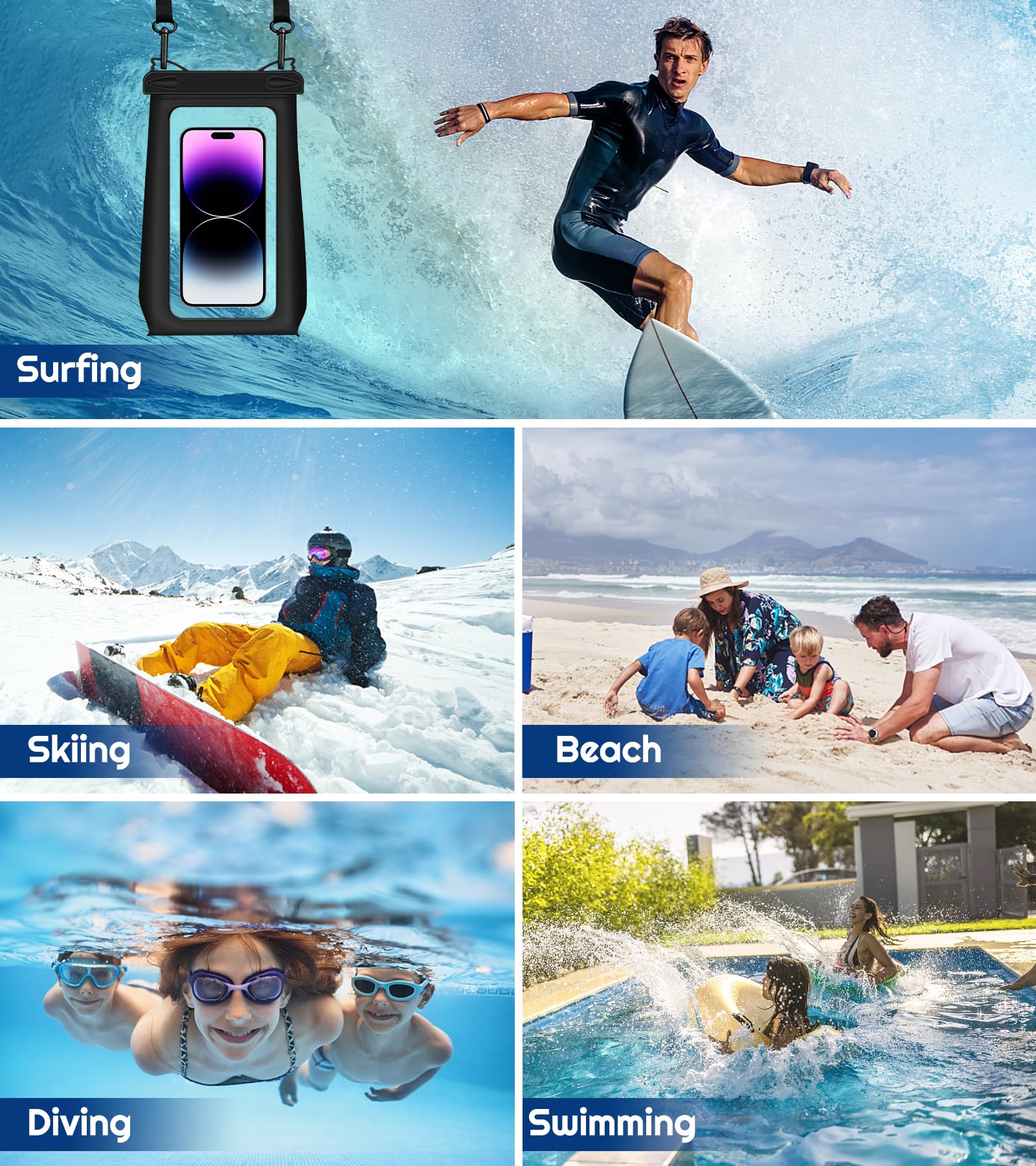 Universal Waterproof Phone Pouch - Floating Dry Bag for iPhone 15/14/13/12/11 Pro Max/XS/XR/X & Samsung Galaxy S24/S23/S22/S21 Plus/Ultra - Underwater Case with Lanyard for Swimming, Beach, Boating & Water Sports (Black)