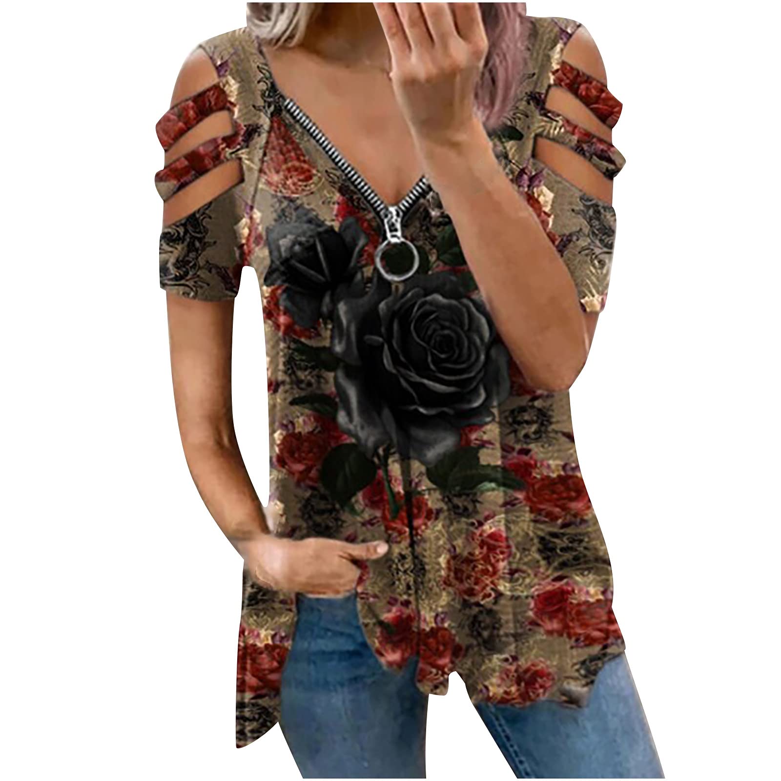 Women's Workout Tops - Hollow Out Short Sleeve Zipper V-Neck T-Shirts | Breathable Summer Fitness Shirts for Gym, Yoga & Casual Wear