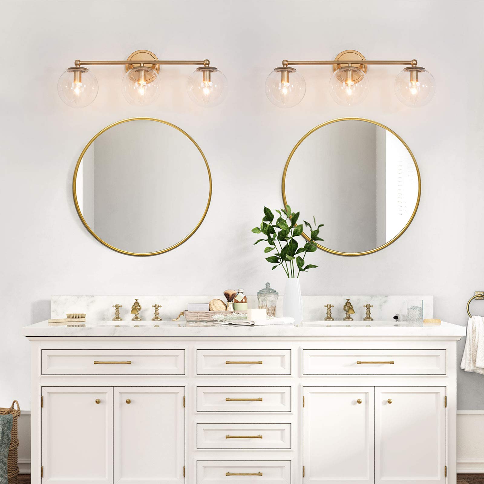 Hand-Painted Gold Bathroom Vanity Light Fixture - 3-Light Modern Bathroom Lighting with Clear Globe Glass Shades, 21.5