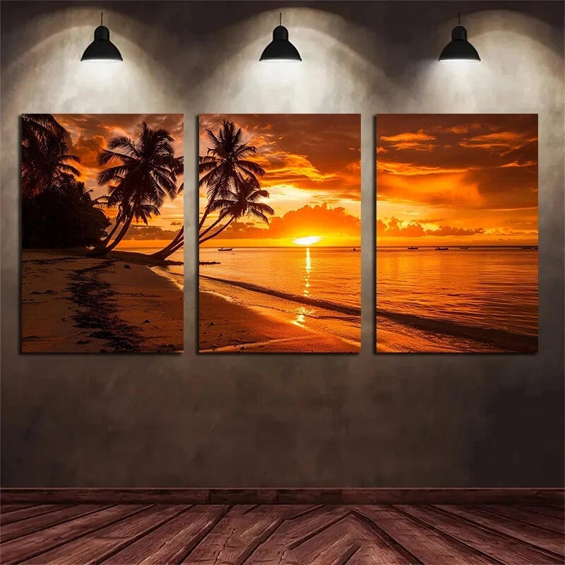 3-Piece Sunset Beach with Palm Trees Metal Wall Art - Ready to Hang Tropical Decor for Living Room, Bedroom & Office