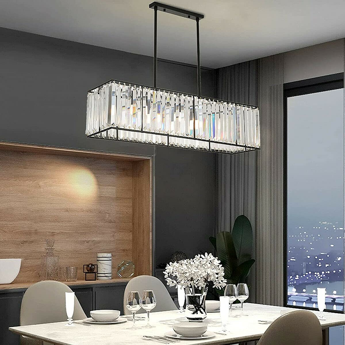 Luxury K9 Crystal Pendant Light - Modern Rectangular Chandelier Ceiling Fixture with Crystal Accents - Black Hanging Lamp for Living Room, Bedroom, Kitchen Dining Room - Perfect for Home Decor, Interior Lighting & Luxury Spaces