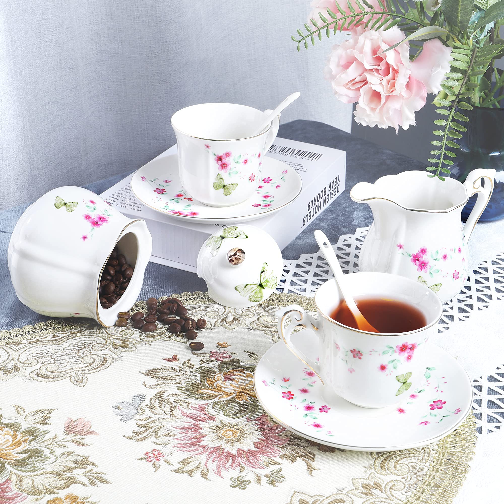 Fanquare 21-Piece Floral Butterfly Porcelain Tea Set - Spring Blossoms Tea & Coffee Service for 6, Perfect for Afternoon Tea Parties, Bridal Showers & Elegant Home Decor