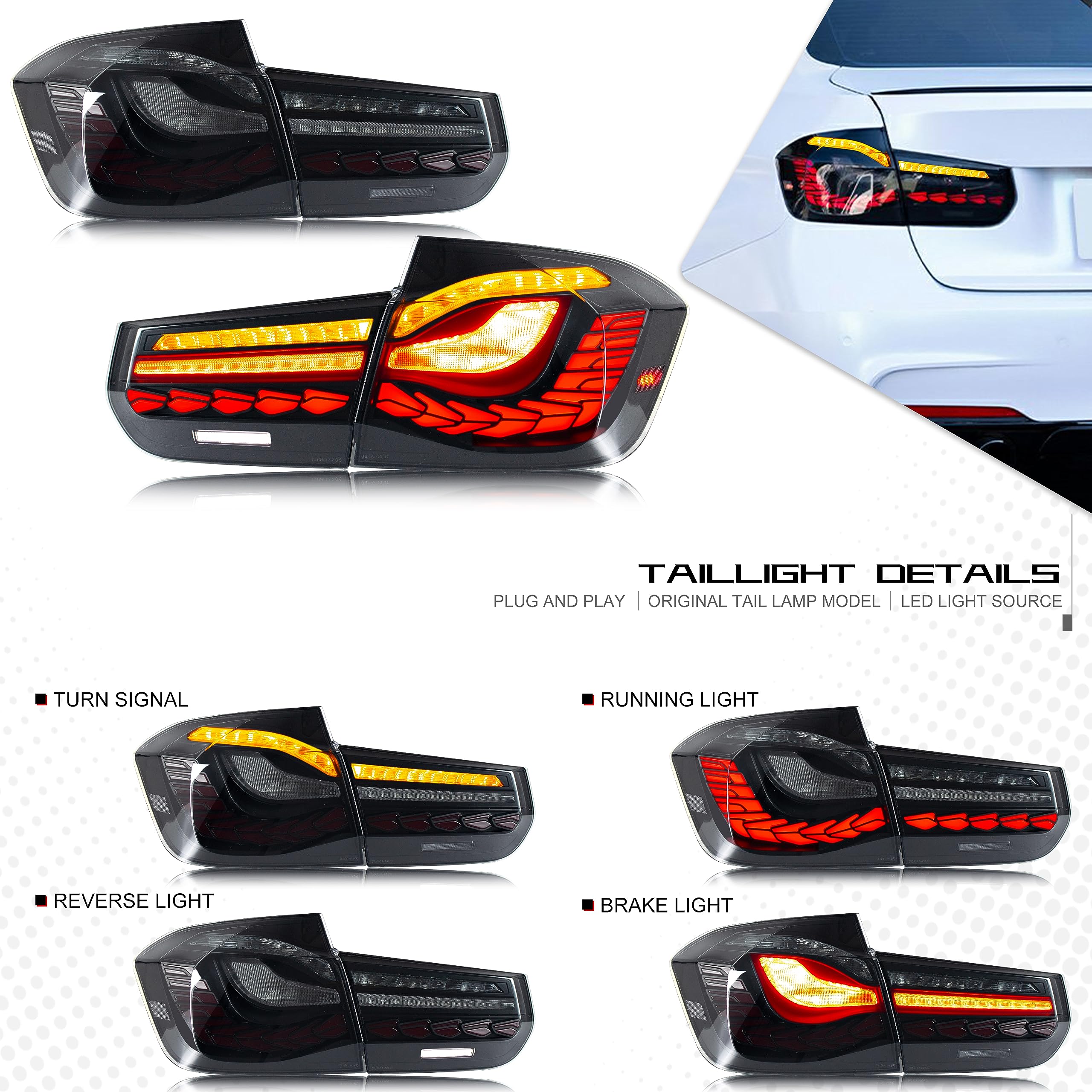 2012-2018 BMW F30 F35 F80 M3 LED Tail Lights with Sequential Turn Signals & Start Up Animation - Smoked Rear Lamp Assembly for Enhanced Style & Safety - Perfect for Night Driving & Car Customization