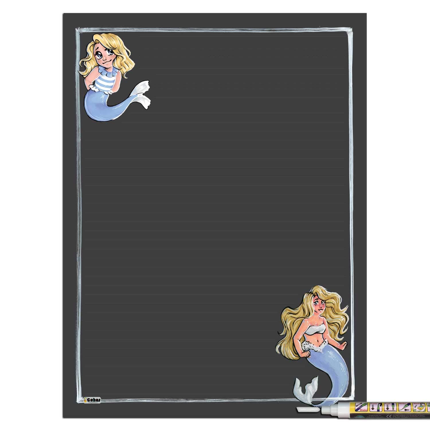 Mermaid Theme Magnetic Chalkboard with Blue Mermaid Art & Liquid Chalk Marker - 12x16 Inches White Board for Kids' Room, Kitchen, Office & Classroom Decor - Perfect for Notes, Drawings & Creative Play