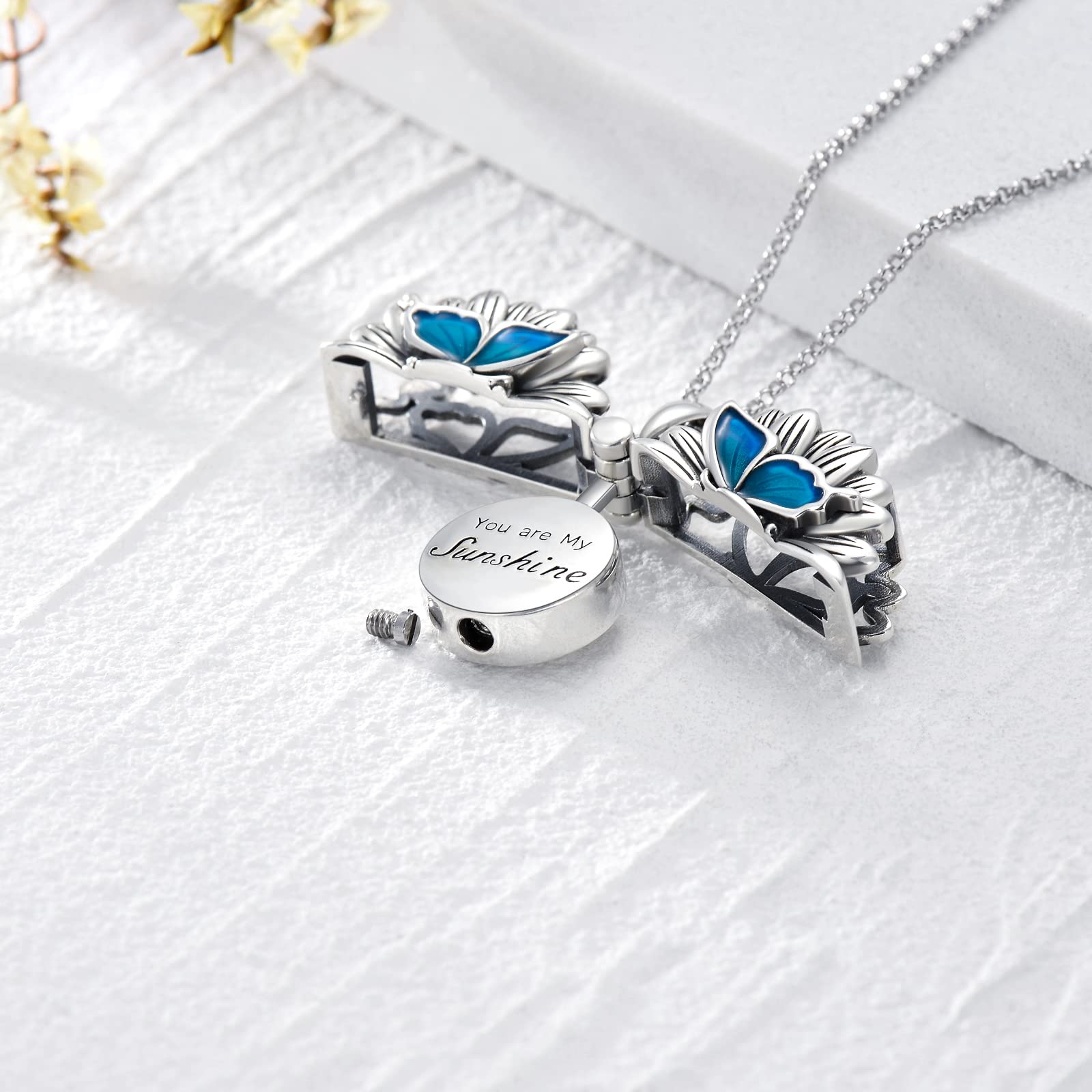 SOULMEET Memorial Jewelry - Silver & Gold Sunflower & Butterfly Cremation Urn Necklace for Ashes - Keepsake Pendant to Cherish Loved Ones | Perfect for Funerals, Memorials & Everyday Wear to Keep Memories Close