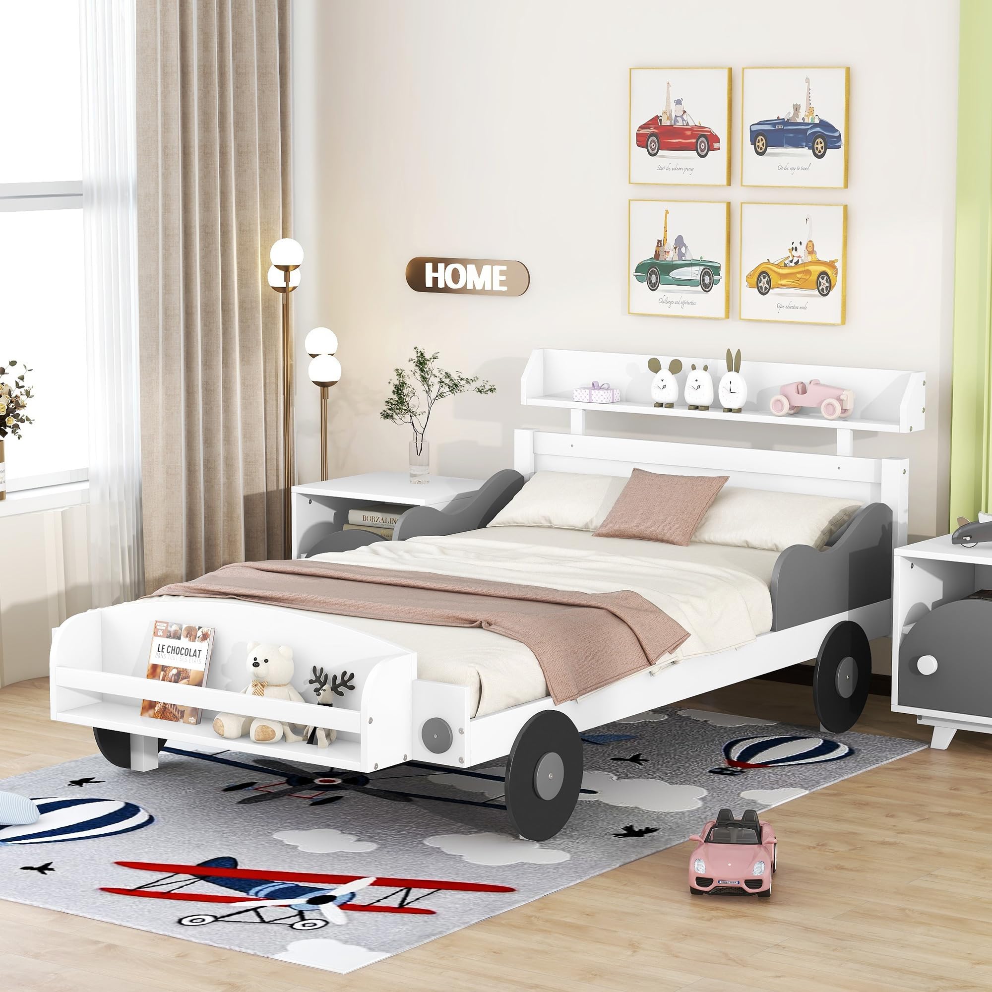 MERITLINE Twin Size Car-Shaped Wooden Kids Platform Bed with Storage Shelf & Headboard - Fun Race Car Design for Boys & Girls Bedroom (White) | Perfect for Small Spaces, Kids Rooms & Themed Decor