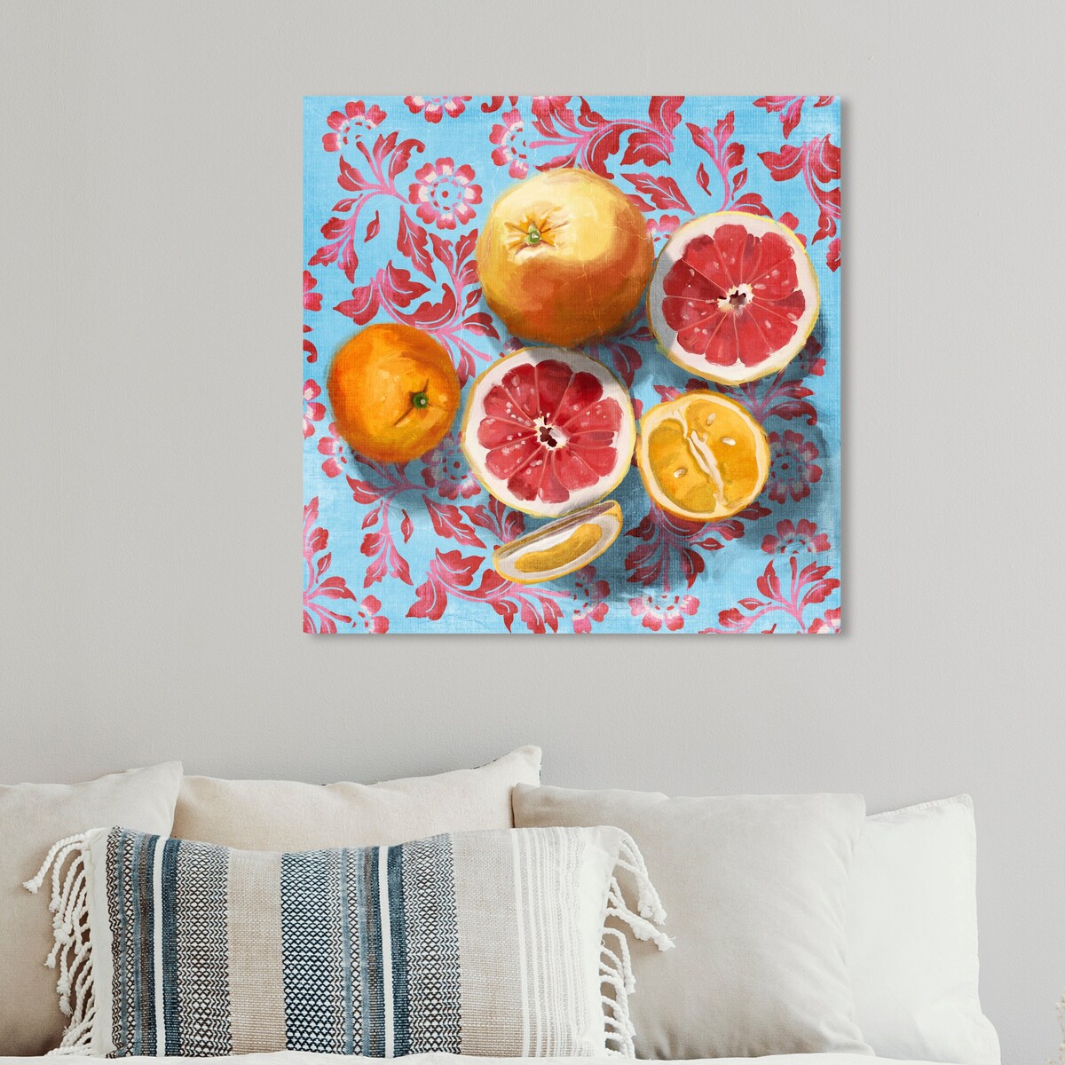 Tropical Citrus Still Life Blue Canvas Wall Art Print - Kitchen & Cabin Decor - Perfect for Farmhouse, Lodge, and Rustic Home Decor