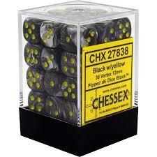 Chessex D6 36 Pack - Black with Yellow Vortex 12mm Pipped D6 Dice Set for Tabletop RPG Games, Dungeons & Dragons, Board Games and Collectors