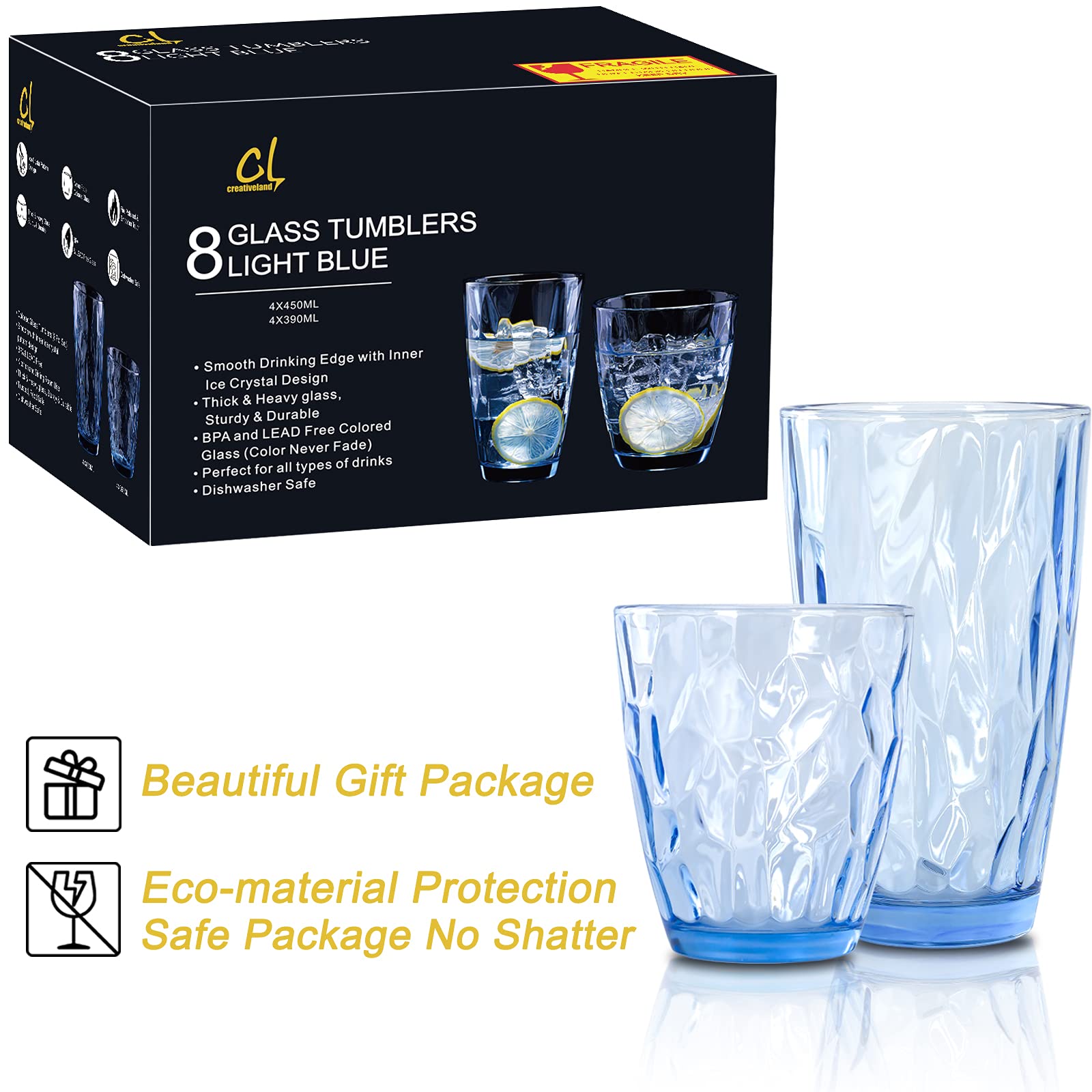 CREATIVELAND Blue Drinking Glasses Set of 8 - 15.8oz & 13.7oz Heavy Base Highball Tumblers for Water, Cocktail, Juice, Beer, Iced Coffee - Durable Thick Glassware for Kitchen, Bar, Restaurant & Home Entertaining