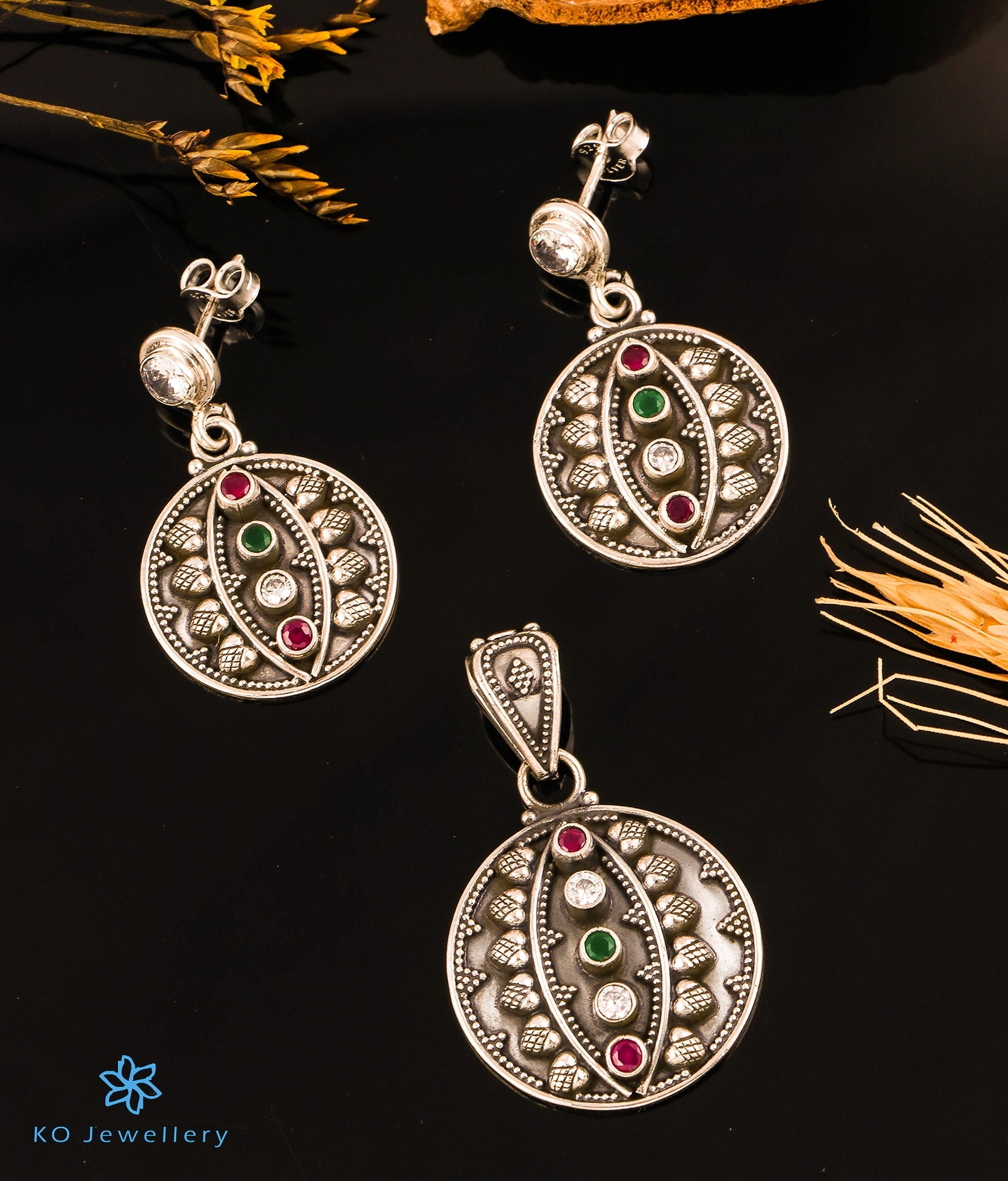 Bhuvan Sterling Silver Gemstone Pendant Necklace Set - Red & Green Birthstone Jewelry for Women | Perfect for Gifts, Weddings & Special Occasions