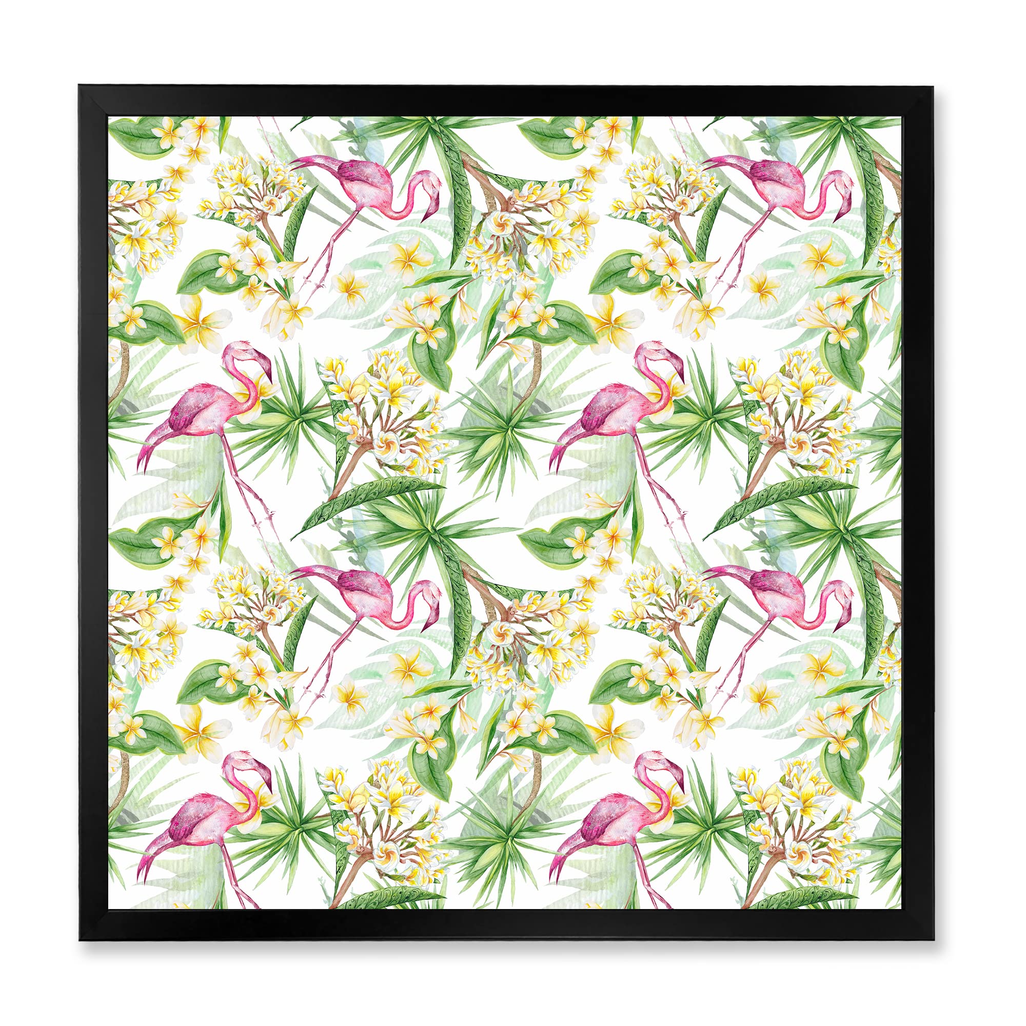 DesignQ Tropical Foliage & Yellow Flowers with Flamingo - Modern Framed Wall Art for Living Room, Bedroom & Office Decor
