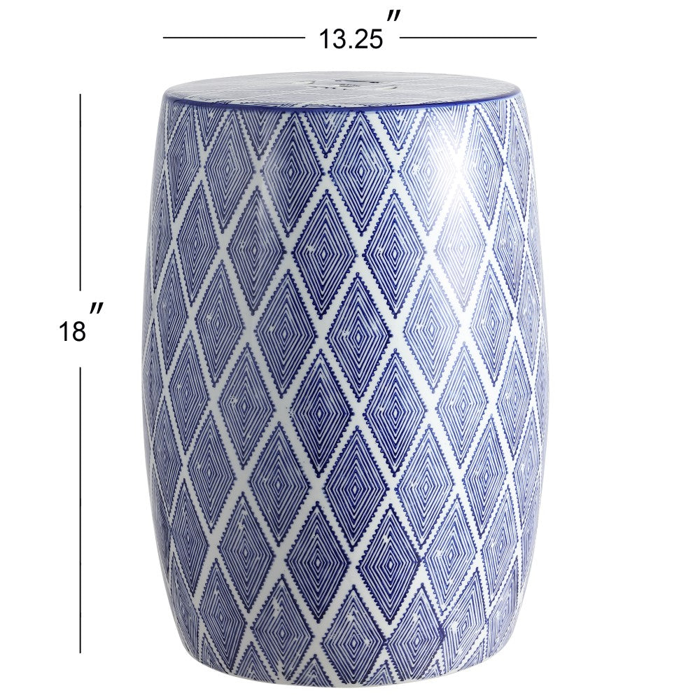 Moroccan Diamonds 18-Inch Ceramic Drum Garden Stool - Outdoor Patio Seating, Boho Decor Accent for Porch, Poolside & Backyard