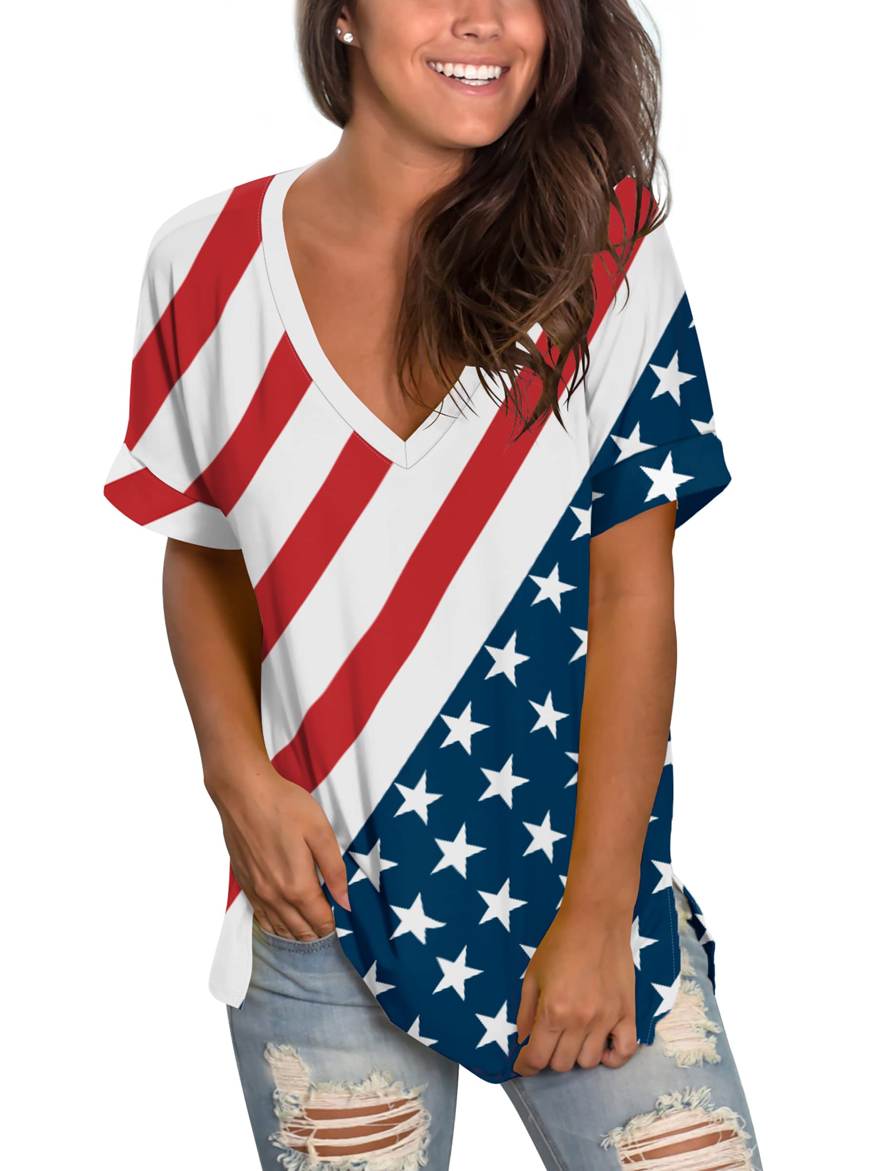 SAMPEEL Women's V Neck T-Shirts - Rolled Short Sleeve Summer Tops with Side Split, Loose Fit Casual Tee for Everyday Wear, Outings & Vacation