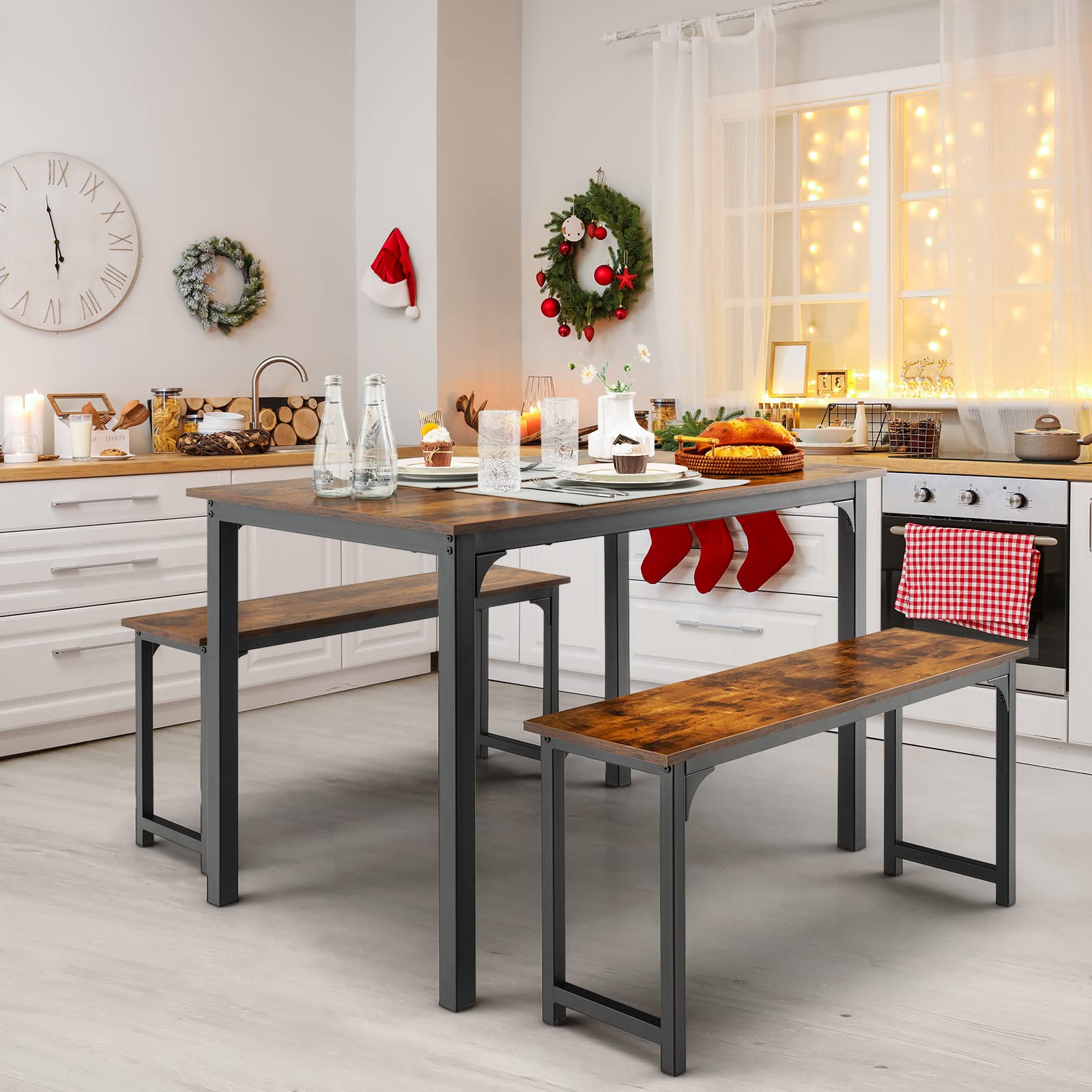 Giantex 4-Piece Industrial Dining Table Set with 2 Benches - Space Saving Kitchen Table for Breakfast Nook, Small Dining Room & Apartment - Easy Assembly Mix Brown - Perfect for Family Meals, Coffee Time & Small Space Living