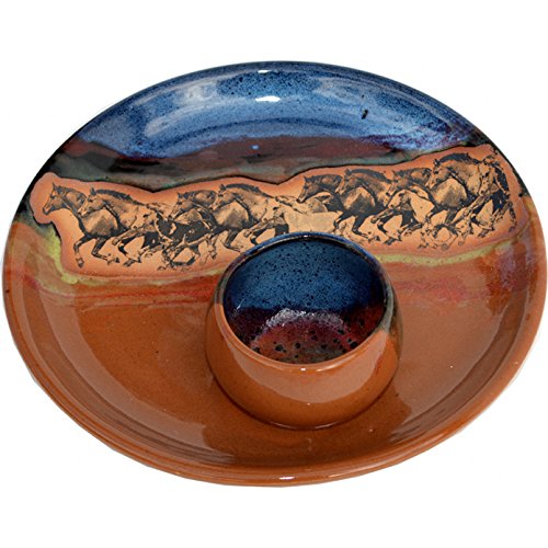 Handmade Ceramic Serving Platter & Dipping Bowl - Wild Horses Party Plate in Azulscape Glaze - Traditional Polished Stoneware for Chips, Dips & Appetizers - Perfect for Entertaining, Parties & Home Decor