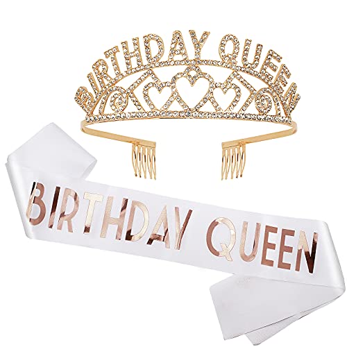 **CIEHER Gold Rhinestone Tiara & Birthday Queen Sash Set - Elegant Birthday Crown for Women & Girls, Sparkling Party Favors & Decorations - Perfect for Birthday Celebrations, Bachelorette Parties & Special Events**