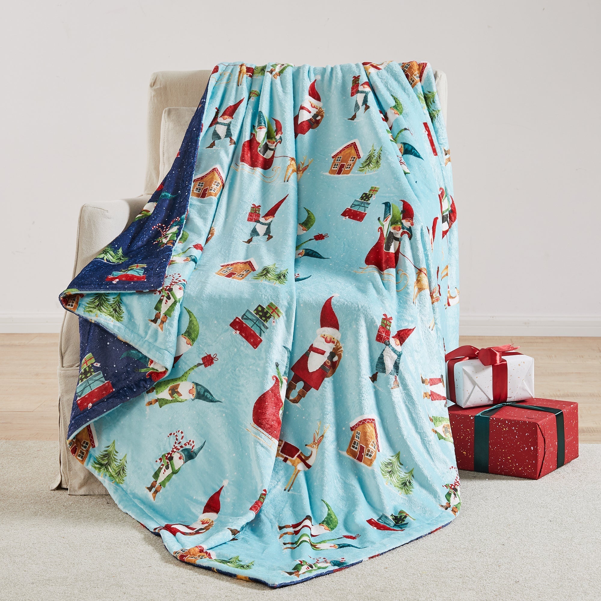 Cozy Holiday Gnome Mint Blanket - Soft Reversible Navy Blue Throw for Christmas Decor, Gifts & Winter Warmth