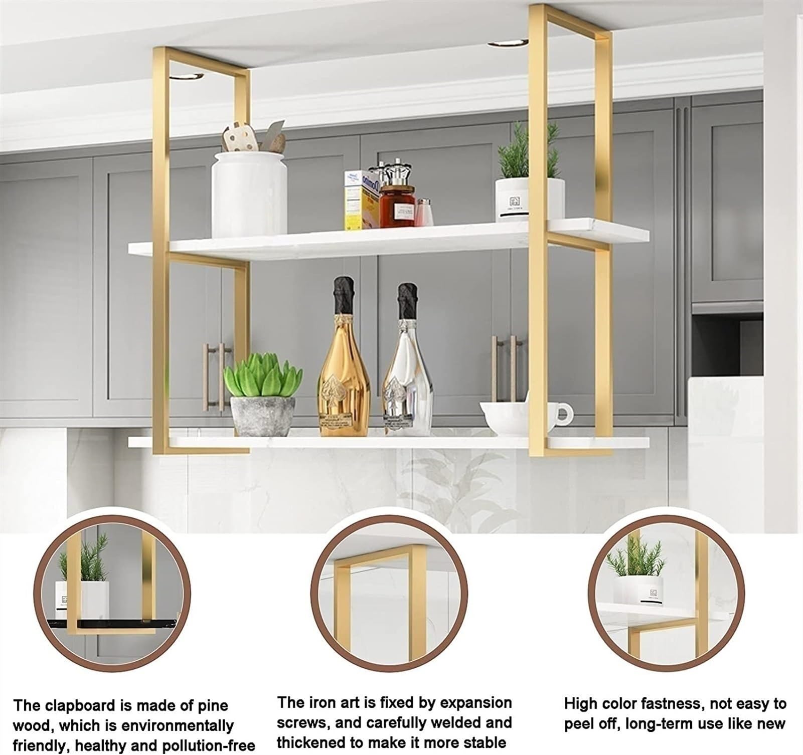 Solid Wood Hanging Storage Shelf - 2-Tier Wall Mounted Ceiling Shelf with Iron Frame, Rustic Wooden Overhead Storage Rack (Gold) - Perfect for Kitchen Pantry, Garage Organization & Bedroom Decor