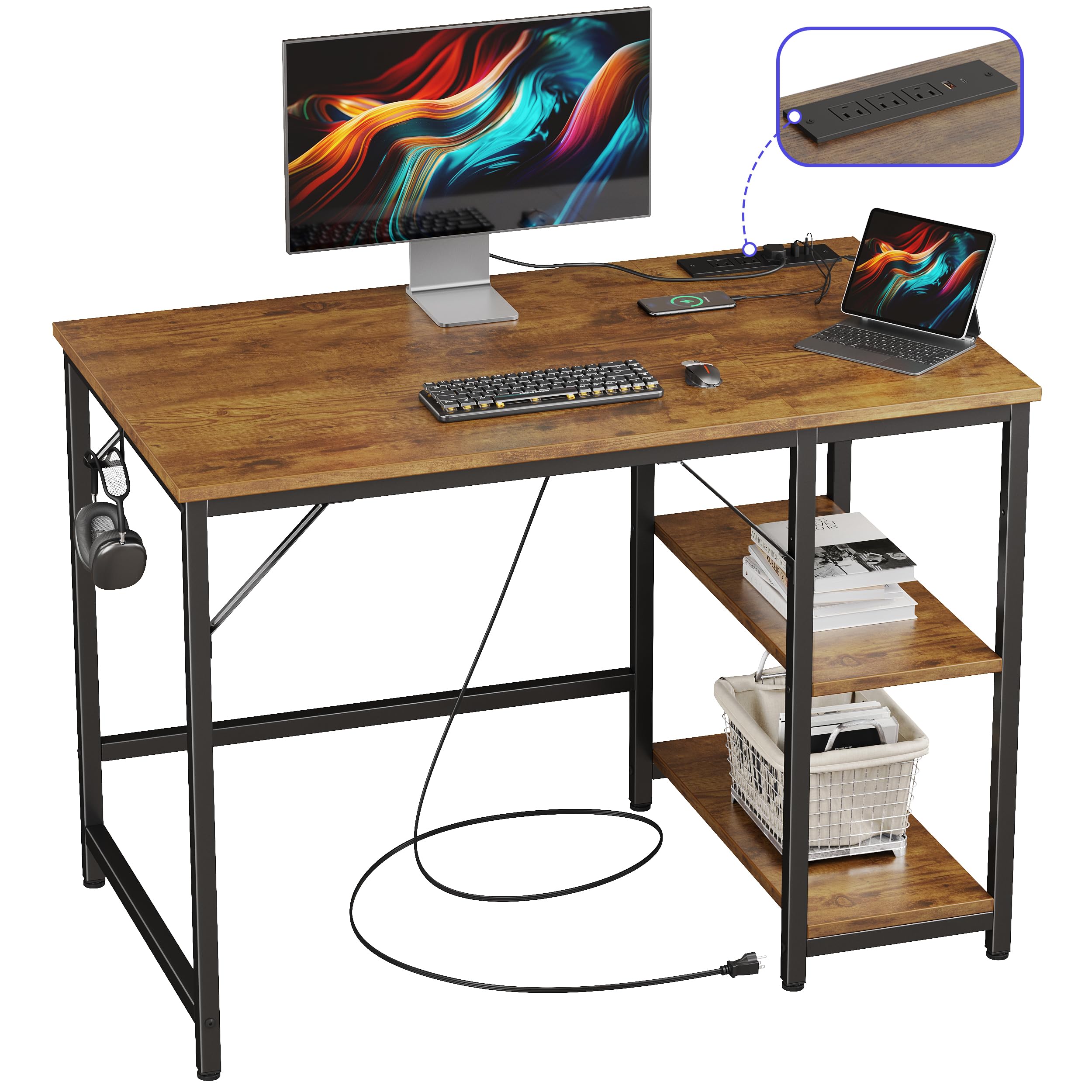 JOISCOPE 40 Inch Small Gaming Computer Desk with Power Outlets - White Home Office Desk with Storage Shelves & PC Stand for Small Spaces - Modern Simple Writing Table in Vintage Oak Finish - Perfect for Gaming Setup, Home Office & Study Room