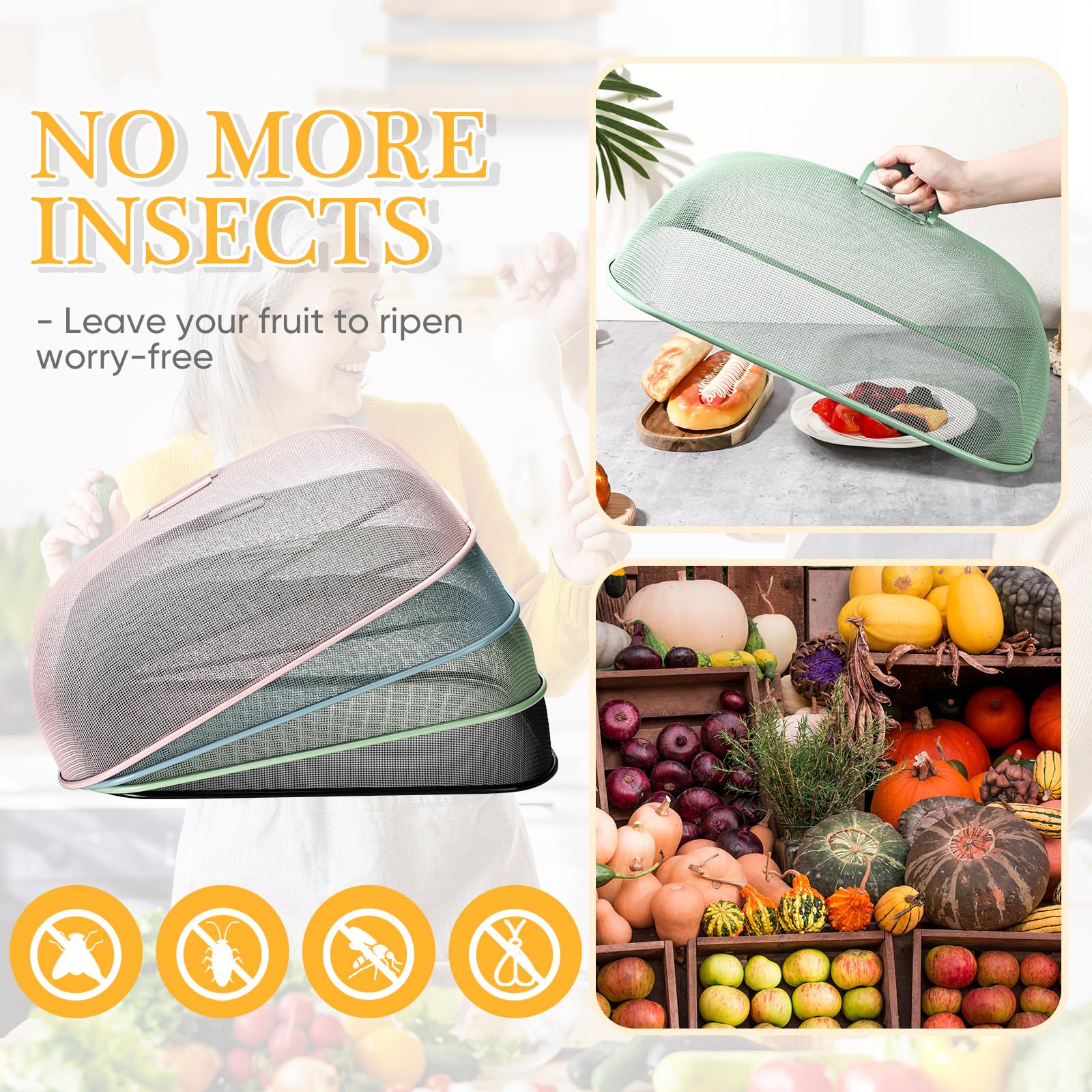 Hicarer 4-Pack 18.5 Inch Metal Mesh Food Covers for Outdoor Picnics, BBQs, and Indoor Dining - BPA-Free Fly & Insect Protection (Black, Blue, Green, Pink) | Perfect for Backyard Parties, Camping, and Patio Meals