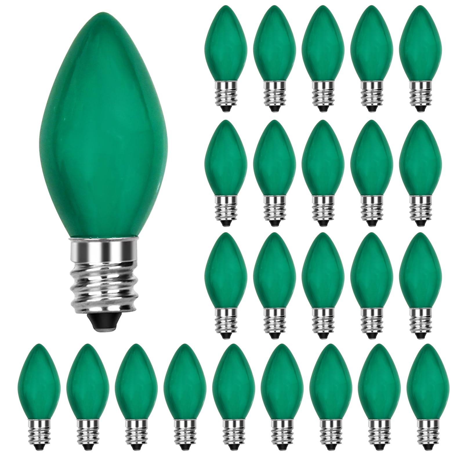 25 Pack Green C7 Christmas Light Bulbs - Vintage Ceramic E12 Candelabra Base Replacement Bulbs for Indoor/Outdoor String Lights - Perfect for Holiday Decorations, Tree Lighting & Festive Home Displays
