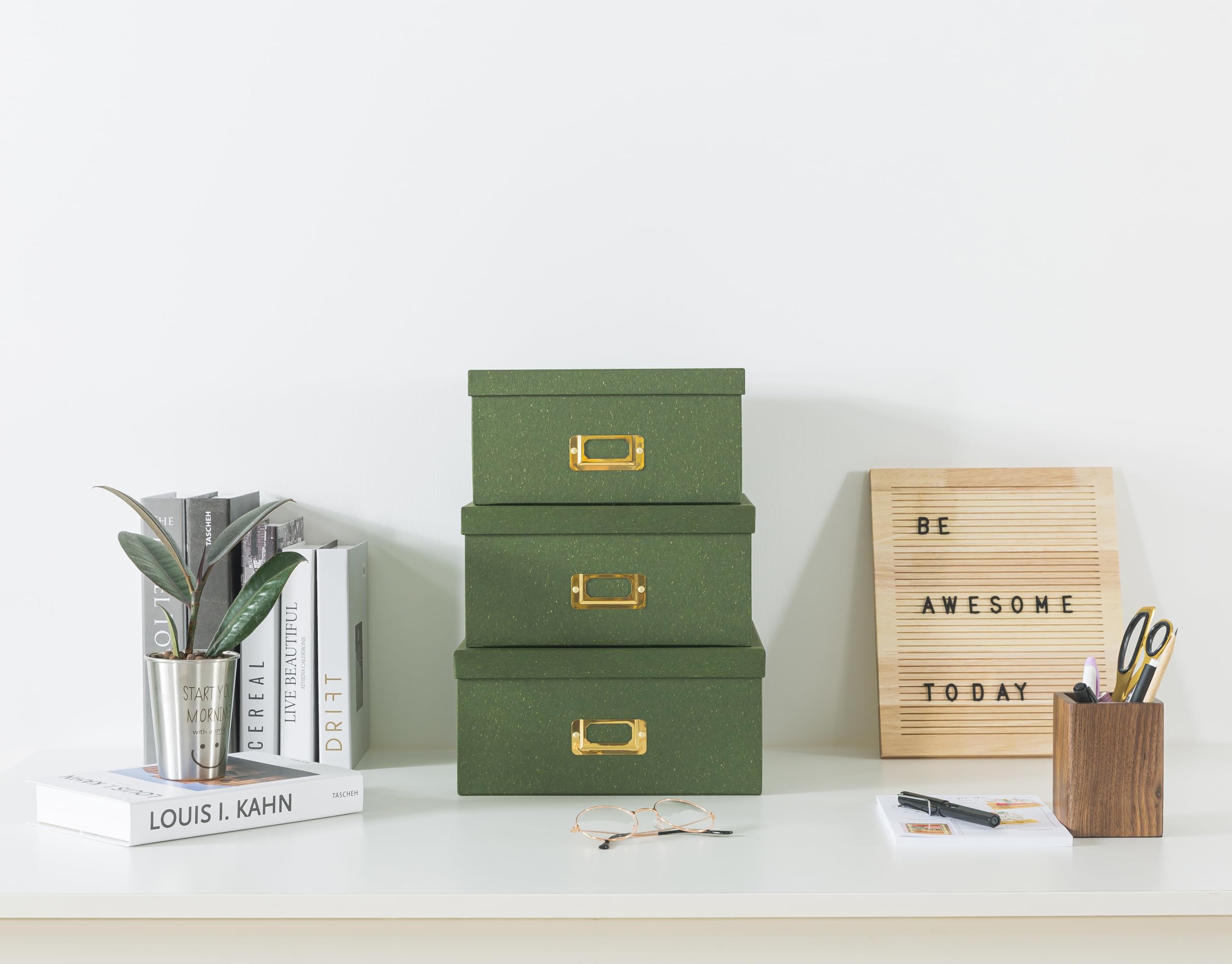 Eco-Friendly Green Kraft Paper Storage Boxes - Set of 3 Square Stackable Boxes with Lids & Gold Label Holders for Home Organization, Photo Storage, and Decorative Display | Perfect for Living Room, Bedroom, and Office Decor