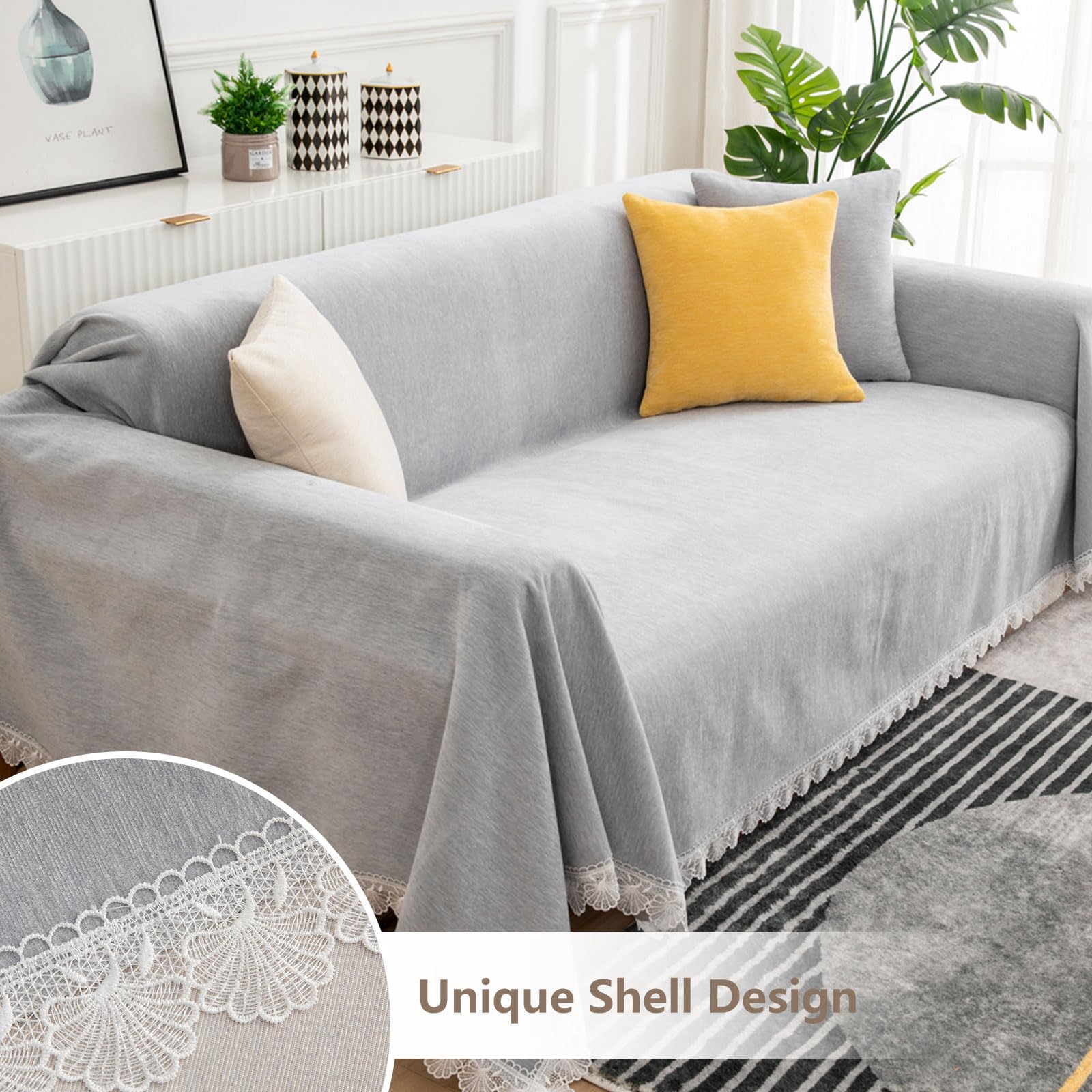 ROOMLIFE Grey Chenille Sofa Slipcover - 3 Cushion Couch Cover for Sectional, Loveseat & Recliner Chair (71