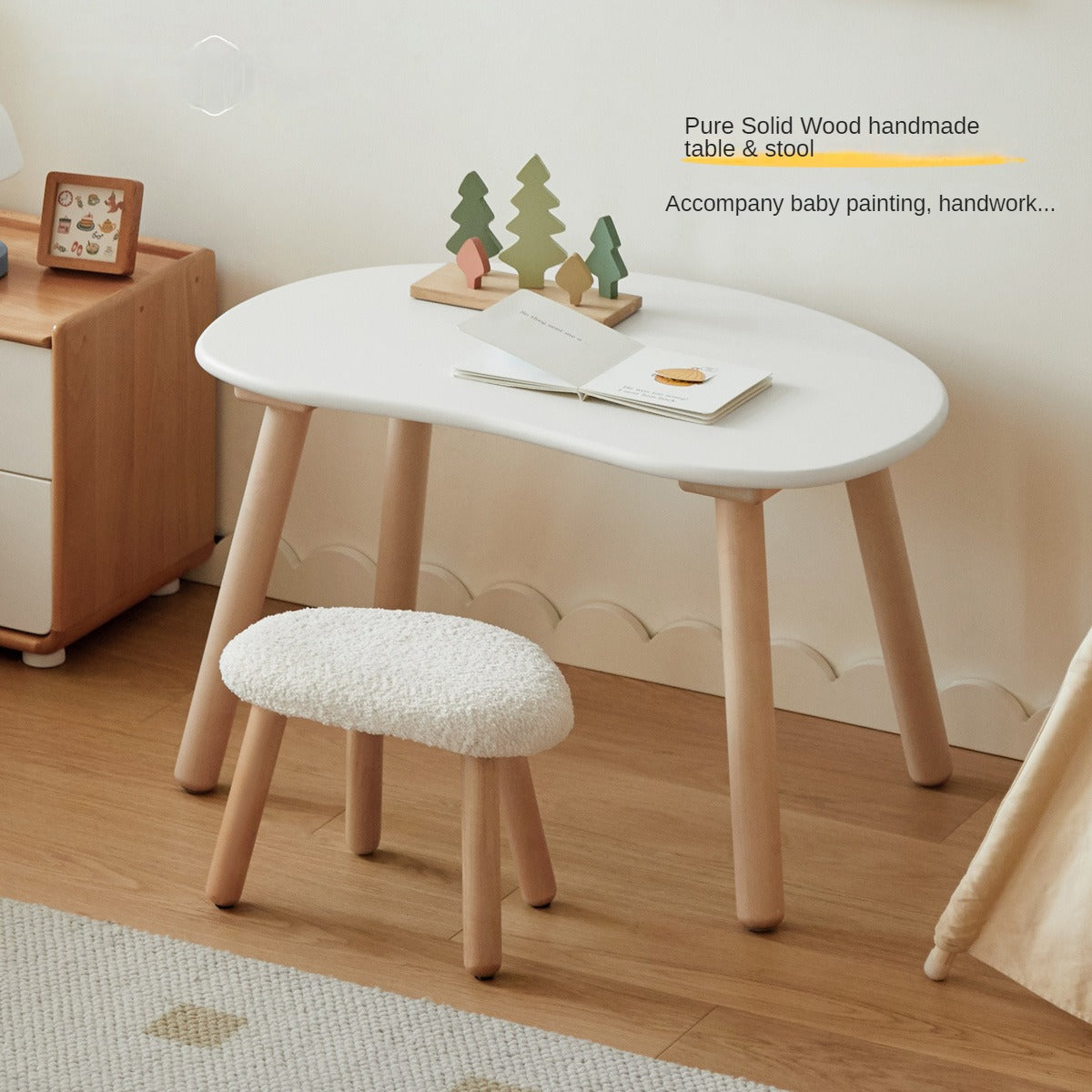 Handmade Birch Solid Wood Kids Study Desk - Ergonomic Peanut-Shaped Table for Children's Learning, Writing & Drawing - Perfect for Home, Classroom & Playroom