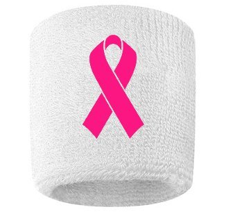 Pink Ribbon Embroidered Sweatband Wristband for Breast Cancer Awareness - 2 Pack White Sweat Bands with Stitched Pink Ribbon - Perfect for Workouts, Sports & Showing Support