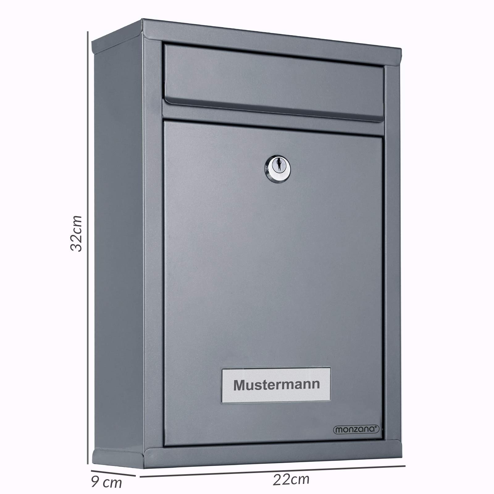 MONZANA® Wall Mounted Mailbox - Silver Steel Lockable Letter Box with 2 Keys & Nameplate - Perfect for Home, Office, and Apartment Security