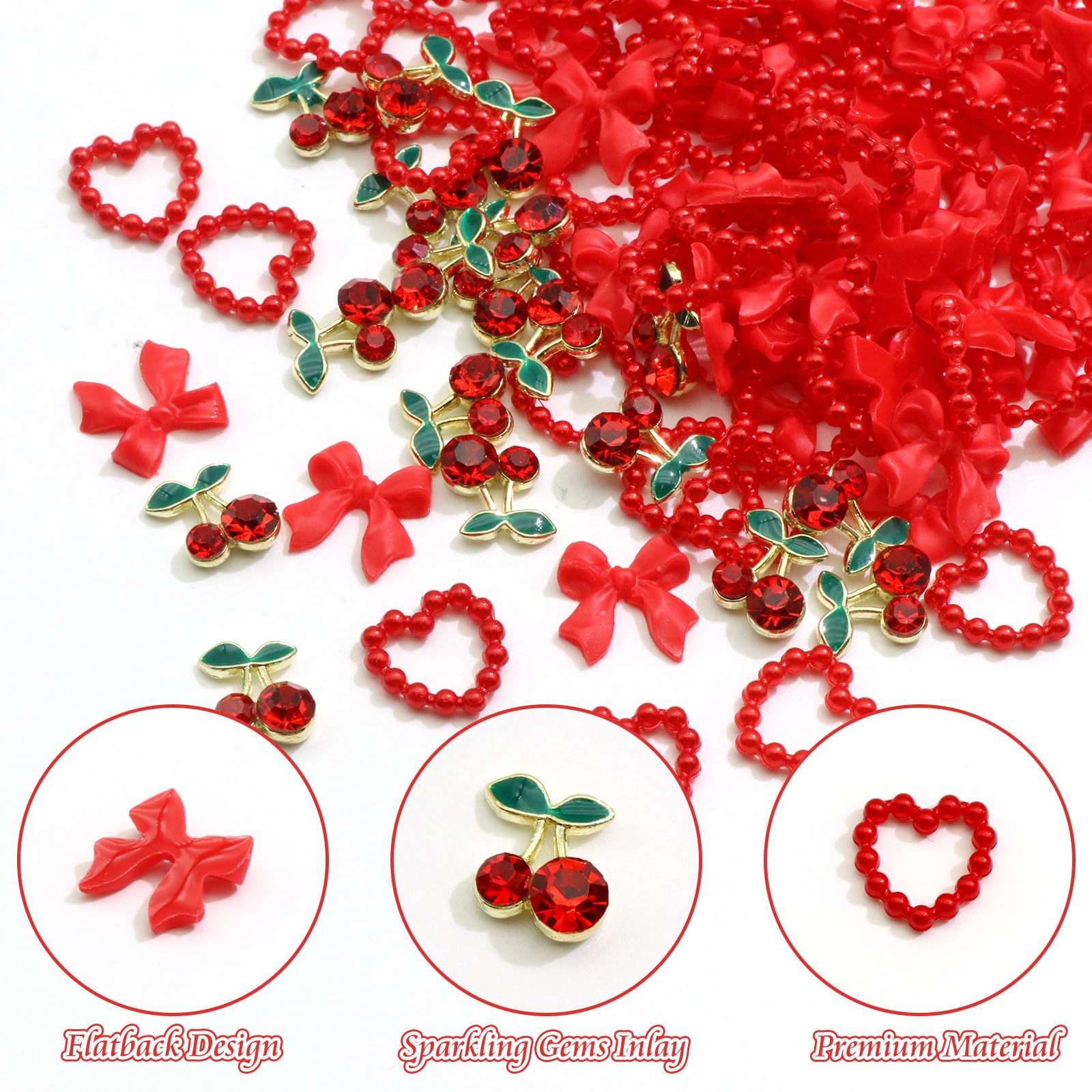 BELICEY 120Pcs Red Acrylic Bow & Heart Flatback Nail Charms - Alloy Cherry Nail Decorations with Rhinestones for DIY Manicure & Nail Art - Perfect for Women's Nail Design, Party Nails, and Professional Salon Use