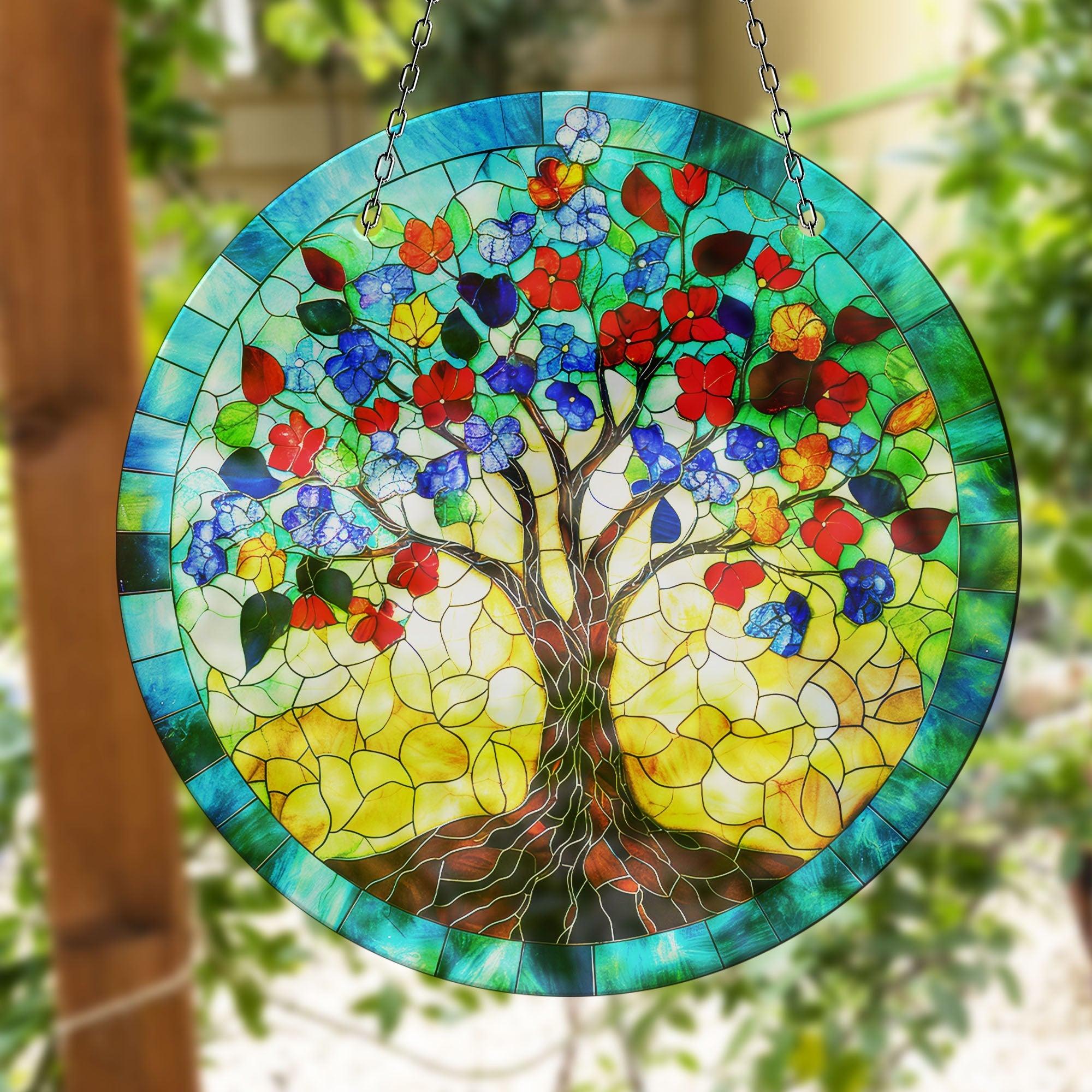 Blue Tree of Life Suncatcher - Handmade Stained Glass Window Decor for Home, Office & Garden - Perfect for Gifts & Spiritual Decorations