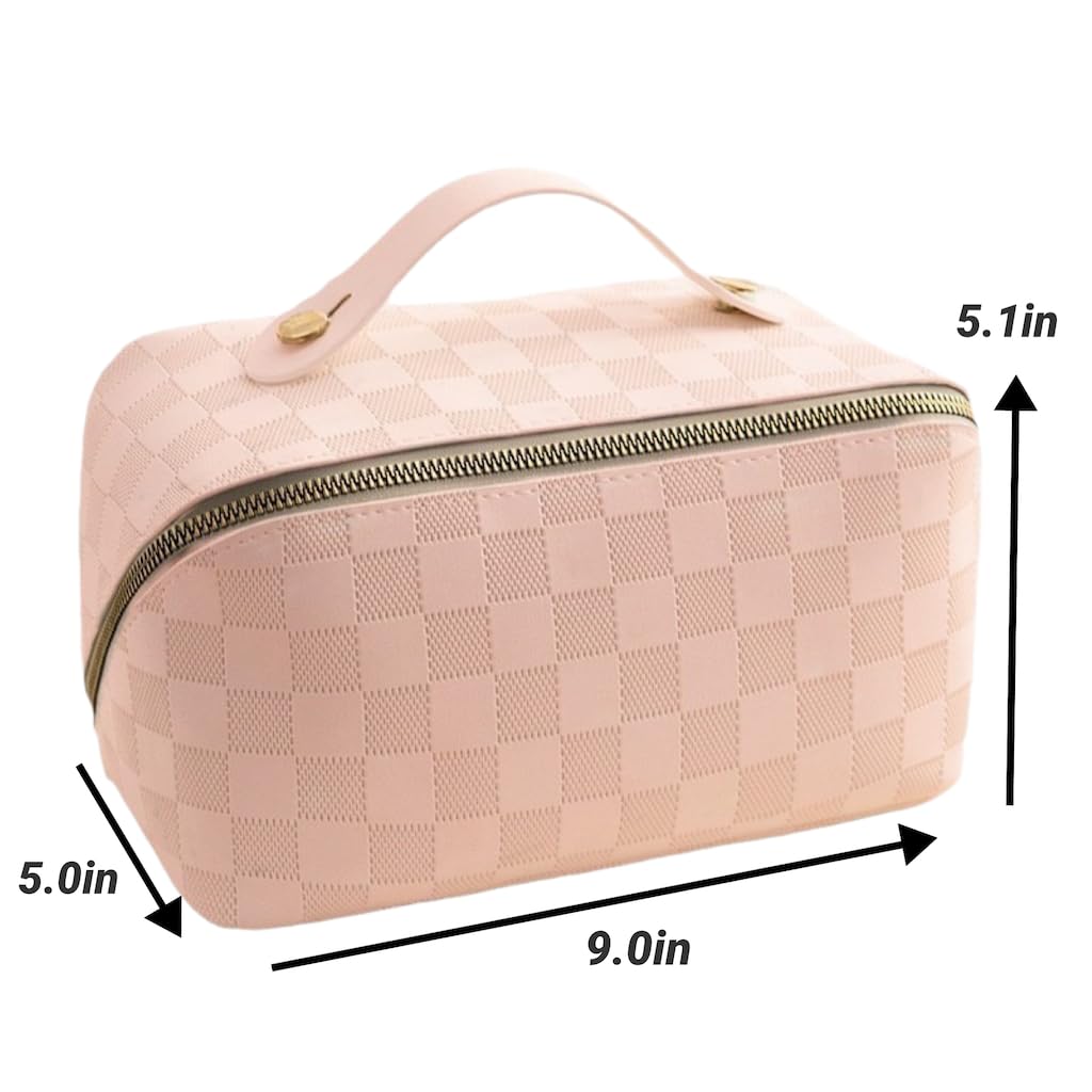 Large Capacity Waterproof Checkered Makeup Bag for Women - Portable Travel Cosmetic Organizer with Zipper (Pink Checkered Pattern) | Perfect for Gym, Daily Use, Gift Giving & Travel Essentials Storage