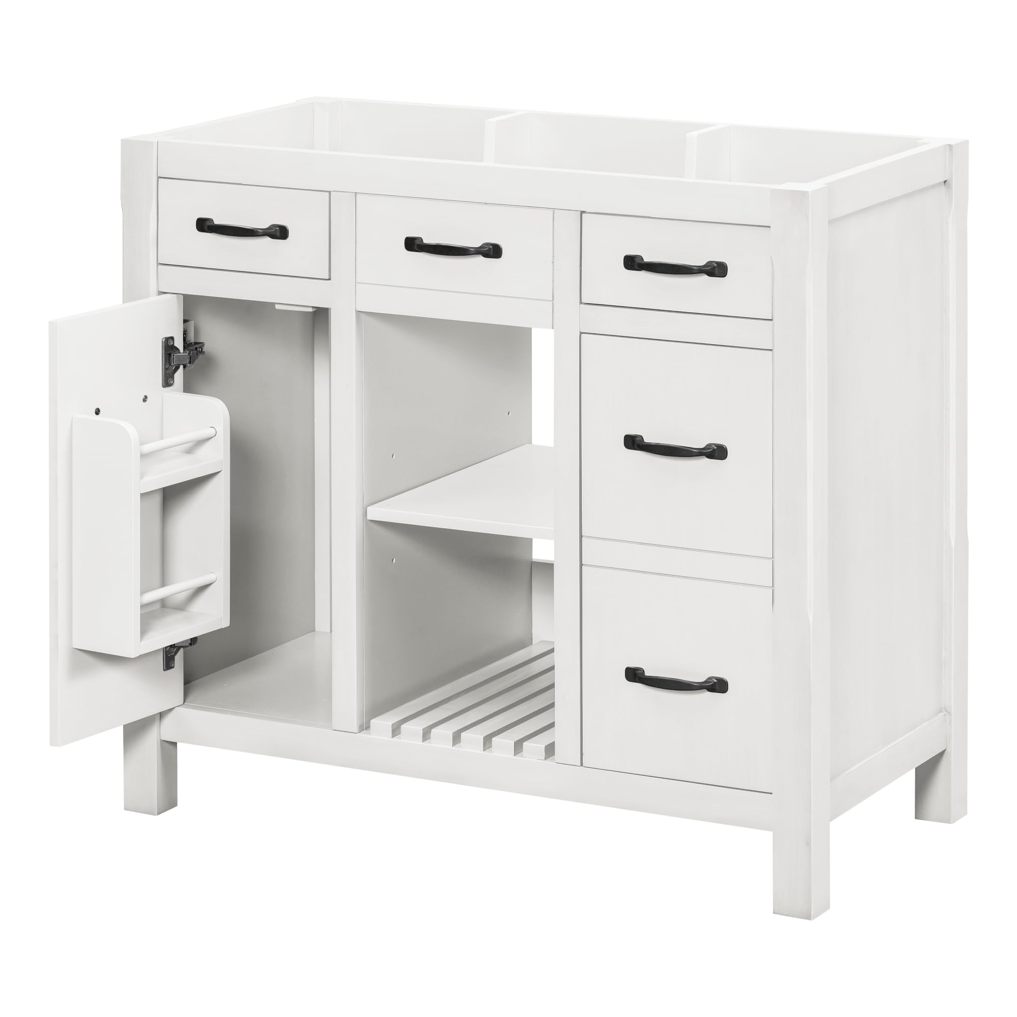 36 Inch White Modern Bathroom Vanity Without Sink - Solid Wood Storage Cabinet with 2 Drawers, 1 Open Shelf & 2 Small Cabinets - Perfect for Bathroom Organization and Small Space Storage Solutions