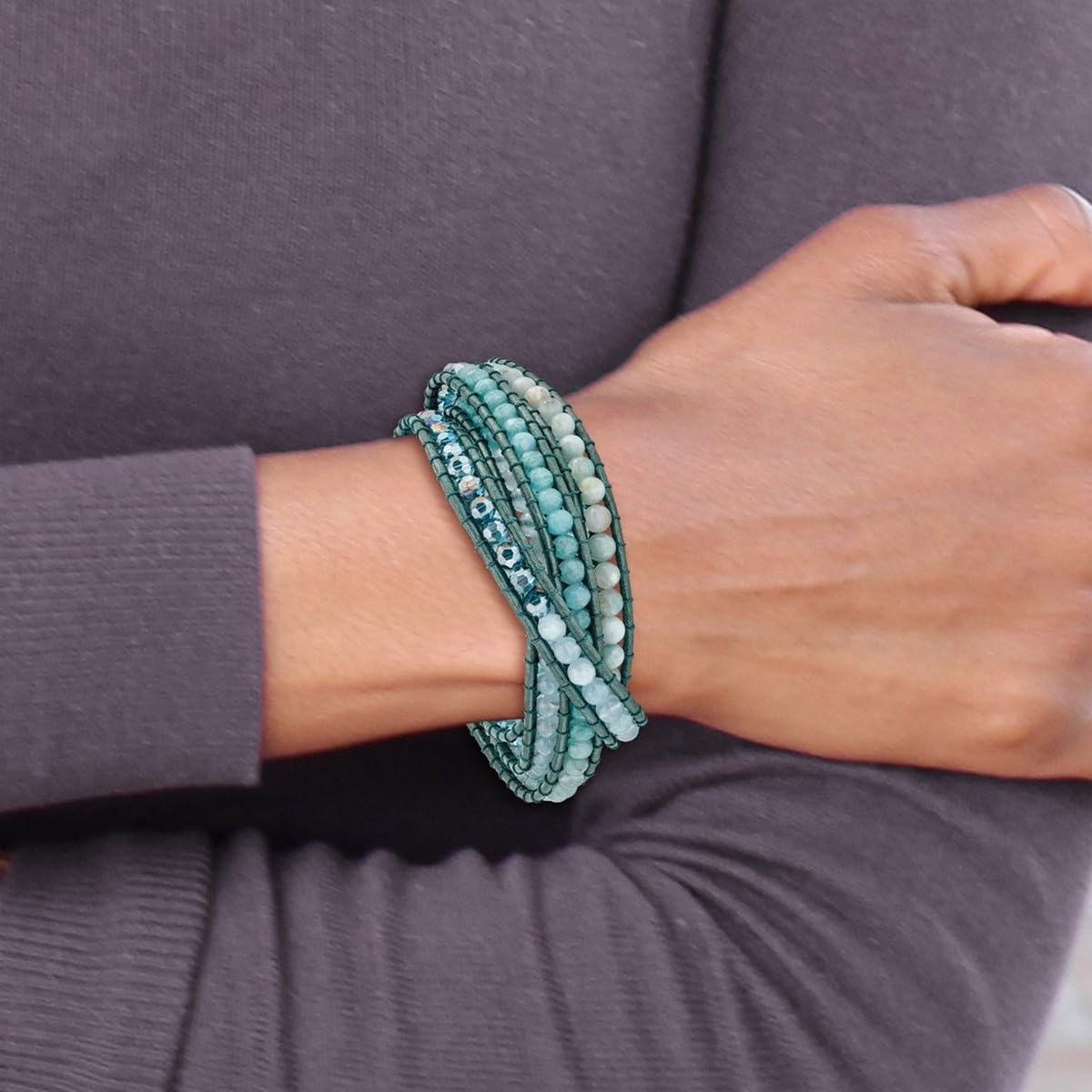 Amazonite & Blue Quartz Crystal Leather Wrap Bracelet for Women - Adjustable Multi-Wrap Beaded Boho Jewelry for Everyday Wear, Gifts & Spiritual Healing