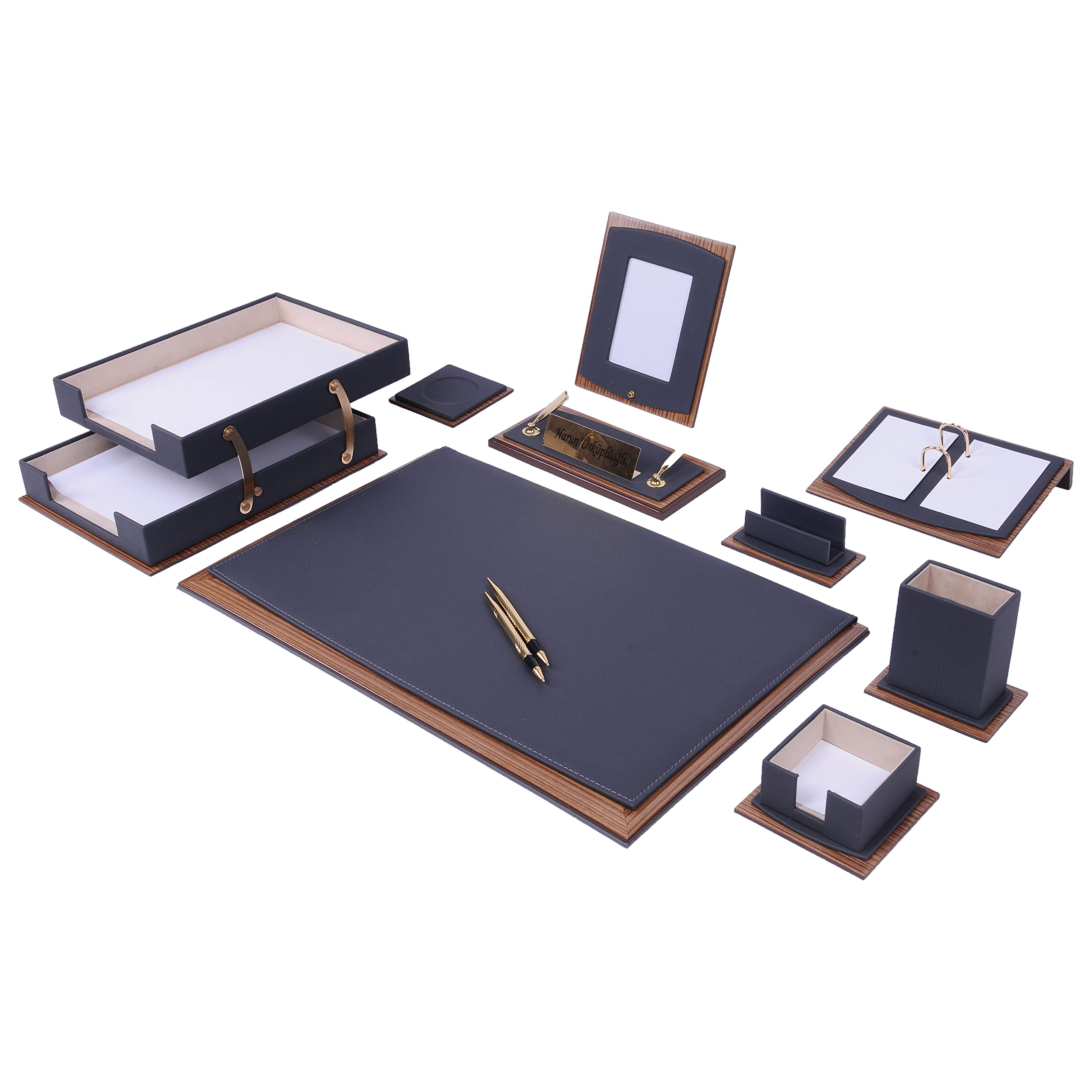 Premium 11-Piece Leather Desk Organizer Set with Walnut Wood Base - Stylish Office & Home Desk Accessories for Pens, Notebooks & Supplies (Gray) - Perfect for Work, Study & Home Office Organization