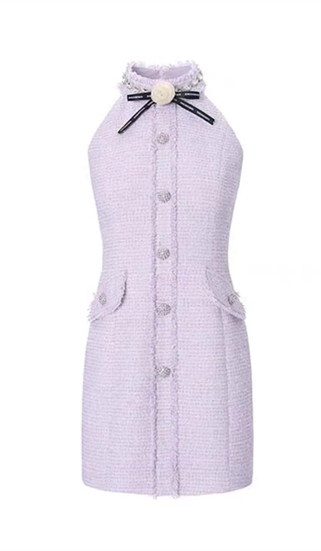 Lilac Tweed Mini Dress with Halter Bow Neck - Elegant Party & Cocktail Wear for Women