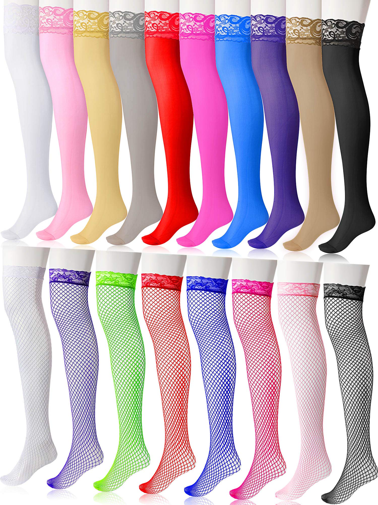 Geyoga 18 Pairs Fishnet Thigh High Stockings - Sheer Lace Top Silicone Band Opaque Nylon Pantyhose for Women | Valentine's Day, Party, Cosplay & Night Out Outfits