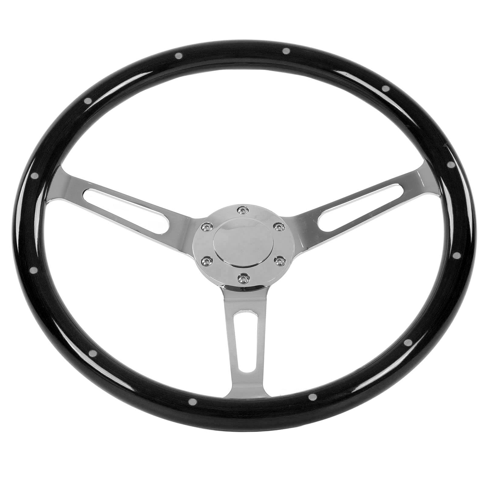 Raguso Classic Wood Steering Wheel - 3 Spoke Walnut Grip Retro Steering Wheel for Car & Truck Customization (Black) | Perfect for Vintage Car Restoration, Hot Rod Builds, and Automotive Interior Upgrades