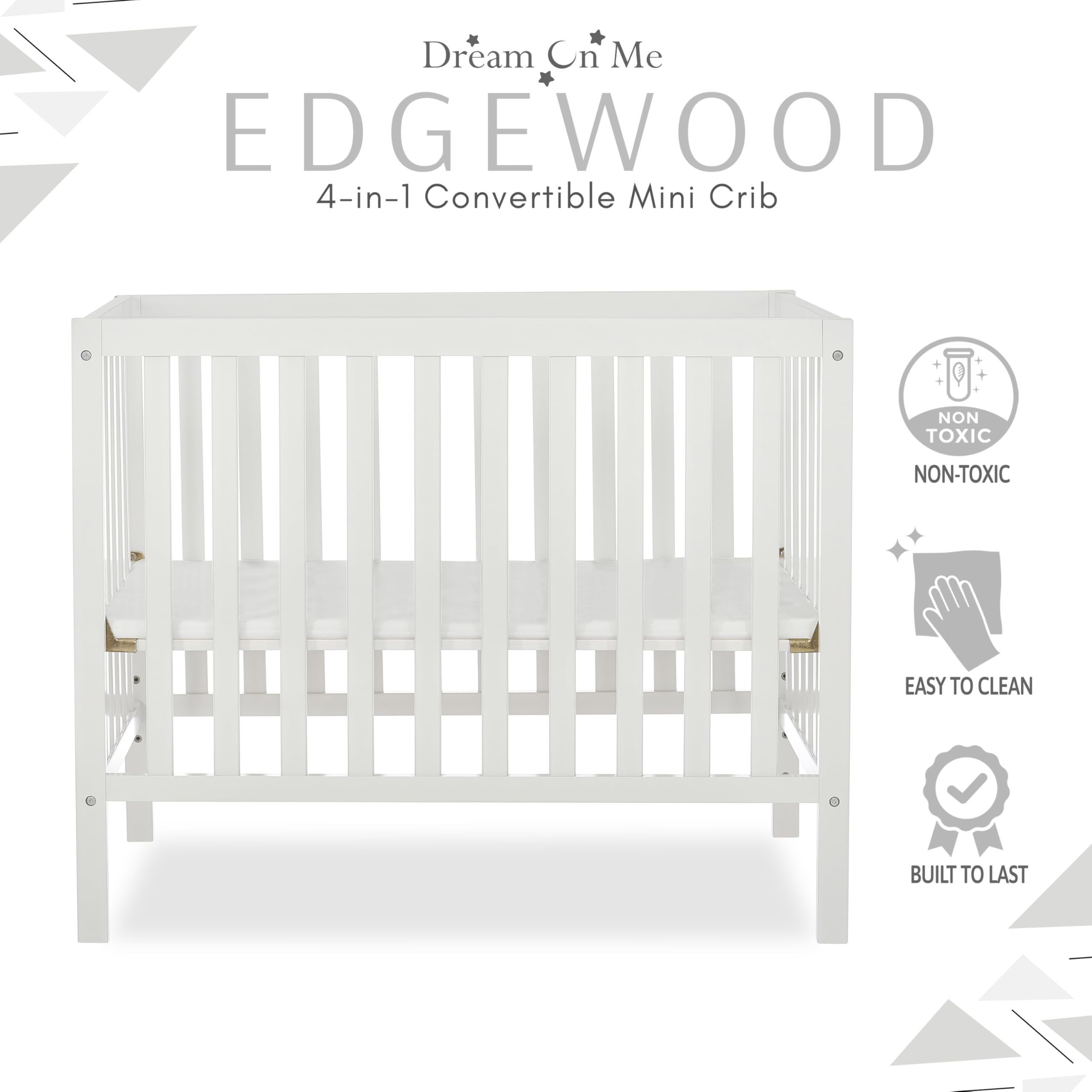 Dream On Me Edgewood 4-in-1 Convertible Mini Crib - White | JPMA Certified, Non-Toxic Finish, New Zealand Pinewood | 3 Adjustable Mattress Heights with 1