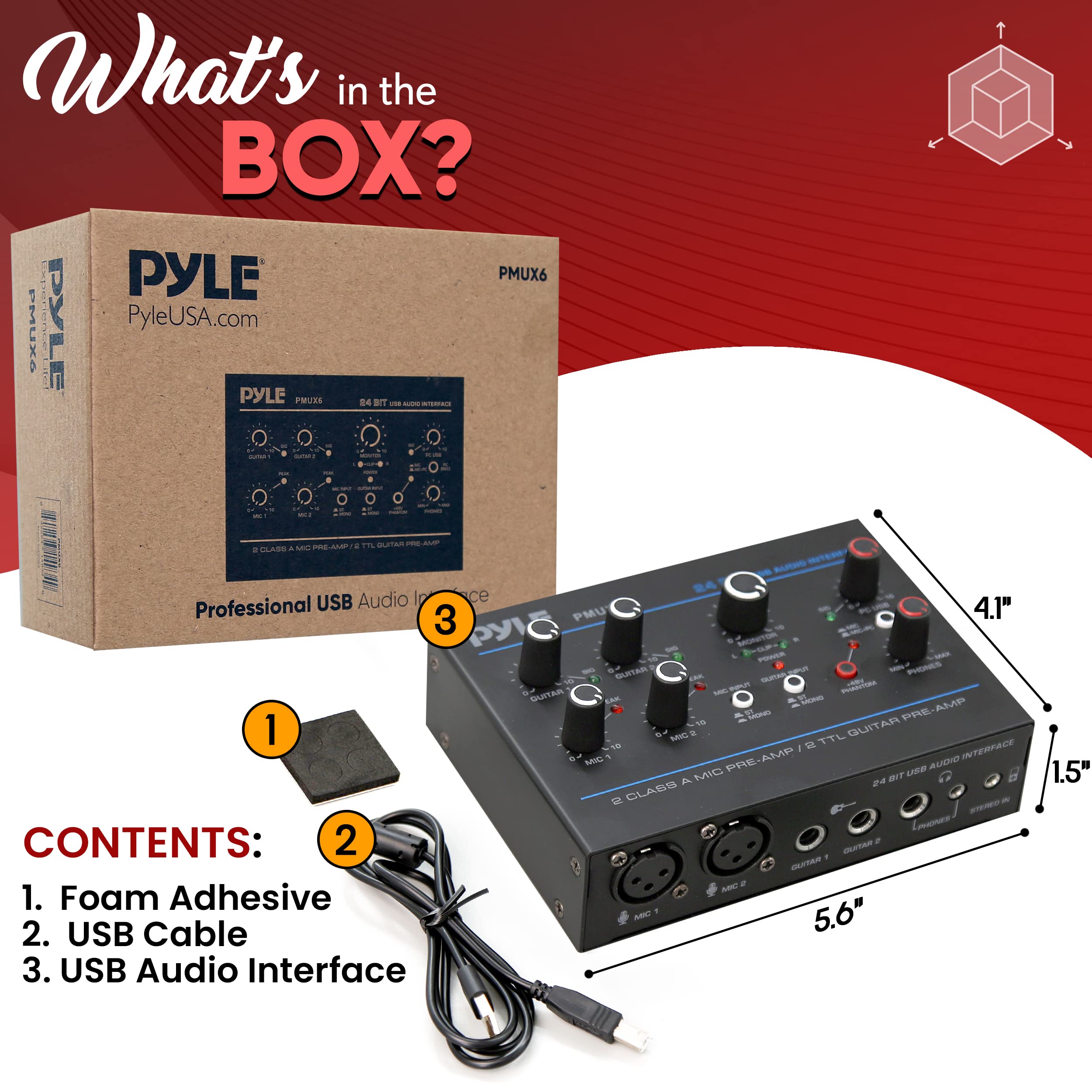 Pyle Professional USB Audio Interface with MIC, Guitar, AUX Stereo Inputs, Phone/Monitor Outputs - Compact Metal Housing for Computer Recording, Podcasting & Live Streaming (Model PMUX6) | Perfect for Home Studios, Musicians & Content Creators