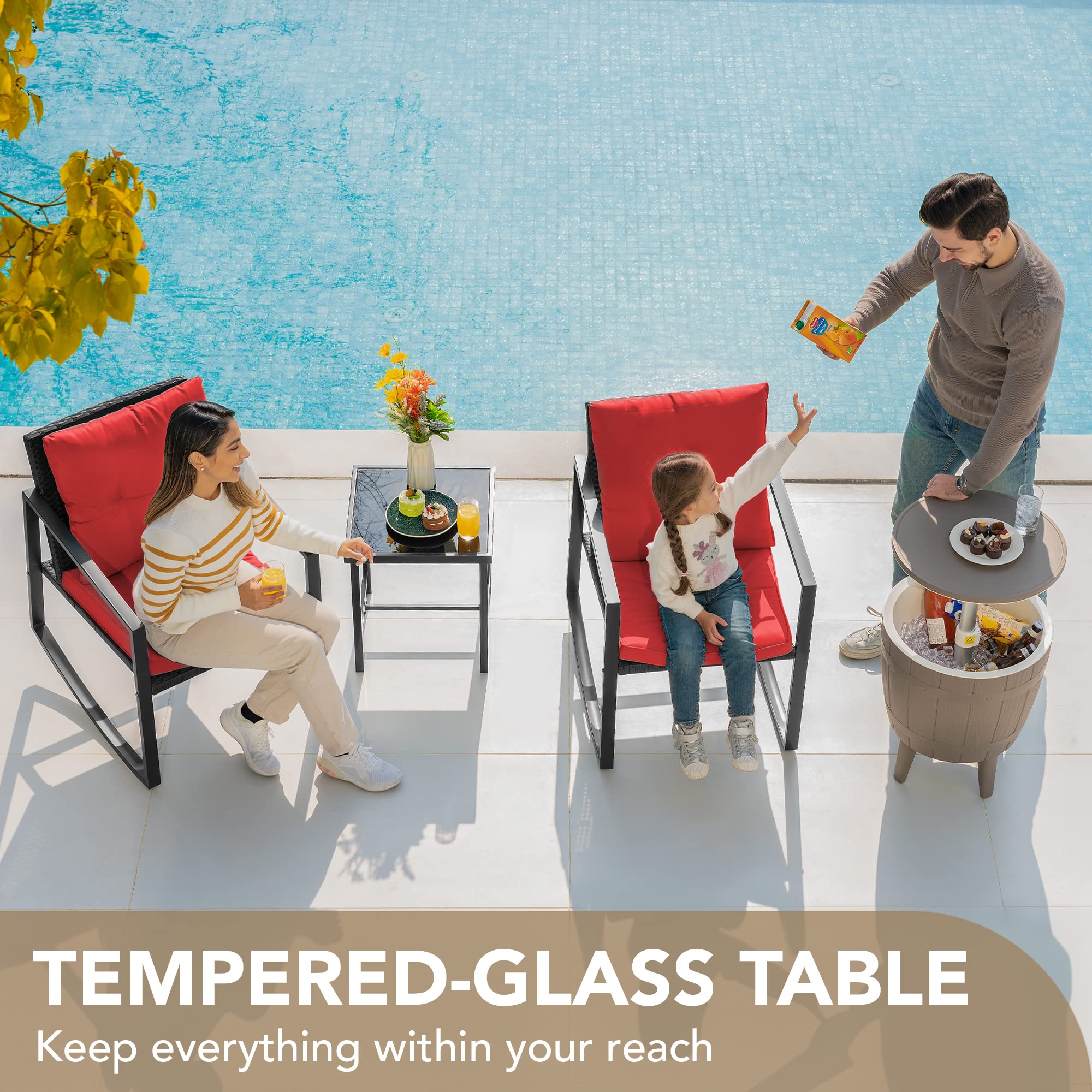 Devoko 3-Piece Wicker Patio Furniture Set - Outdoor Rocking Bistro Chairs with Glass Coffee Table - Red Conversation Set for Porch, Garden & Backyard Relaxation