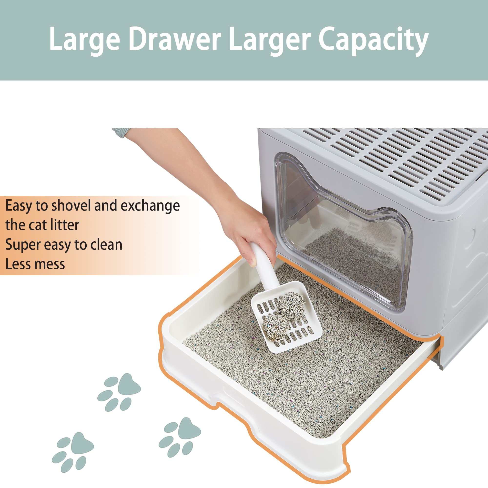 Foldable Cat Litter Box with Lid - Large Top Entry Enclosed Litter Box with Scoop, Anti-Splashing Design & Easy Clean Drawer - Perfect for Small Spaces & Travel (Grey)