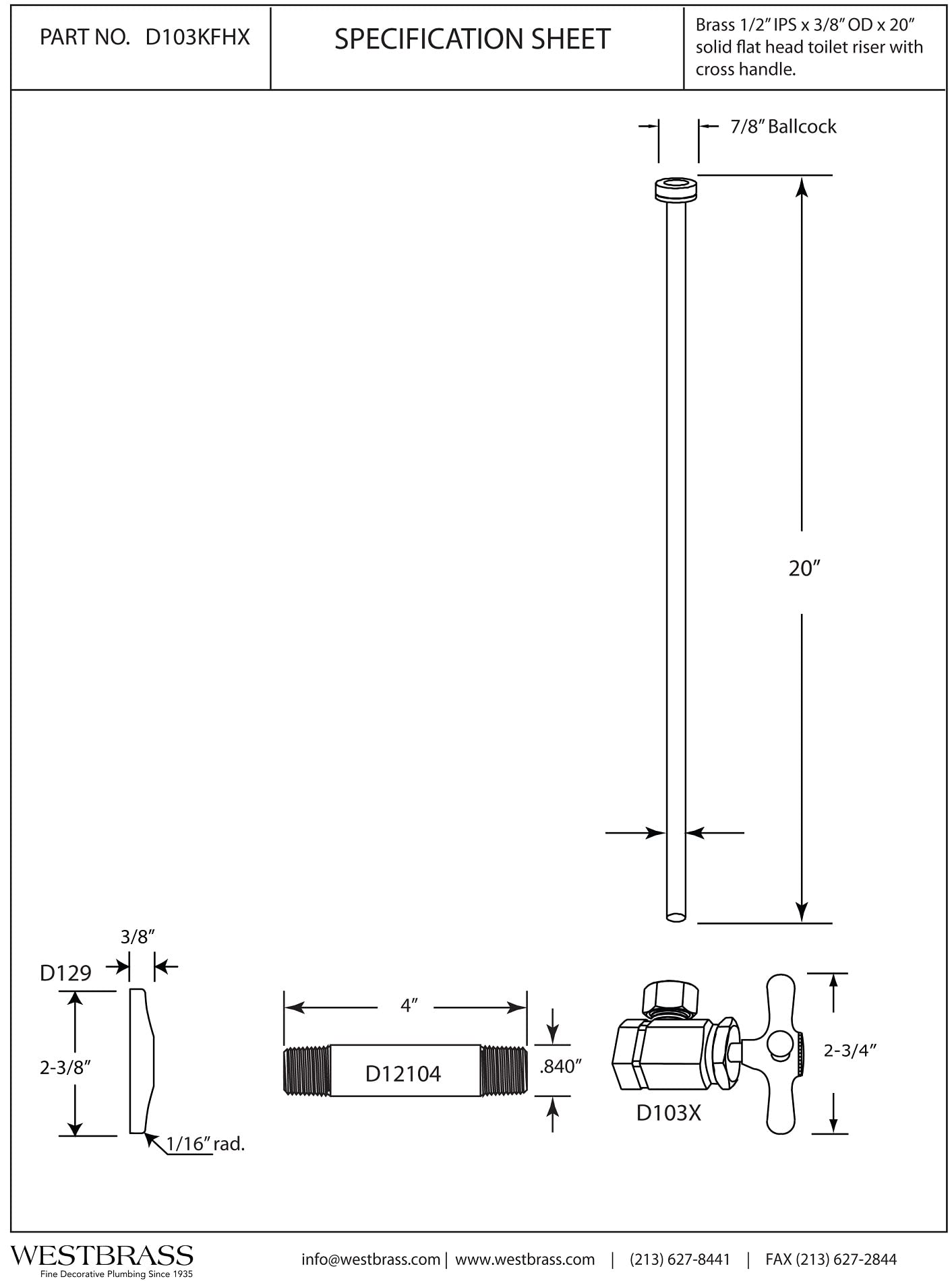 Westbrass Flat Head Toilet Kit with Cross Handles, 1/2